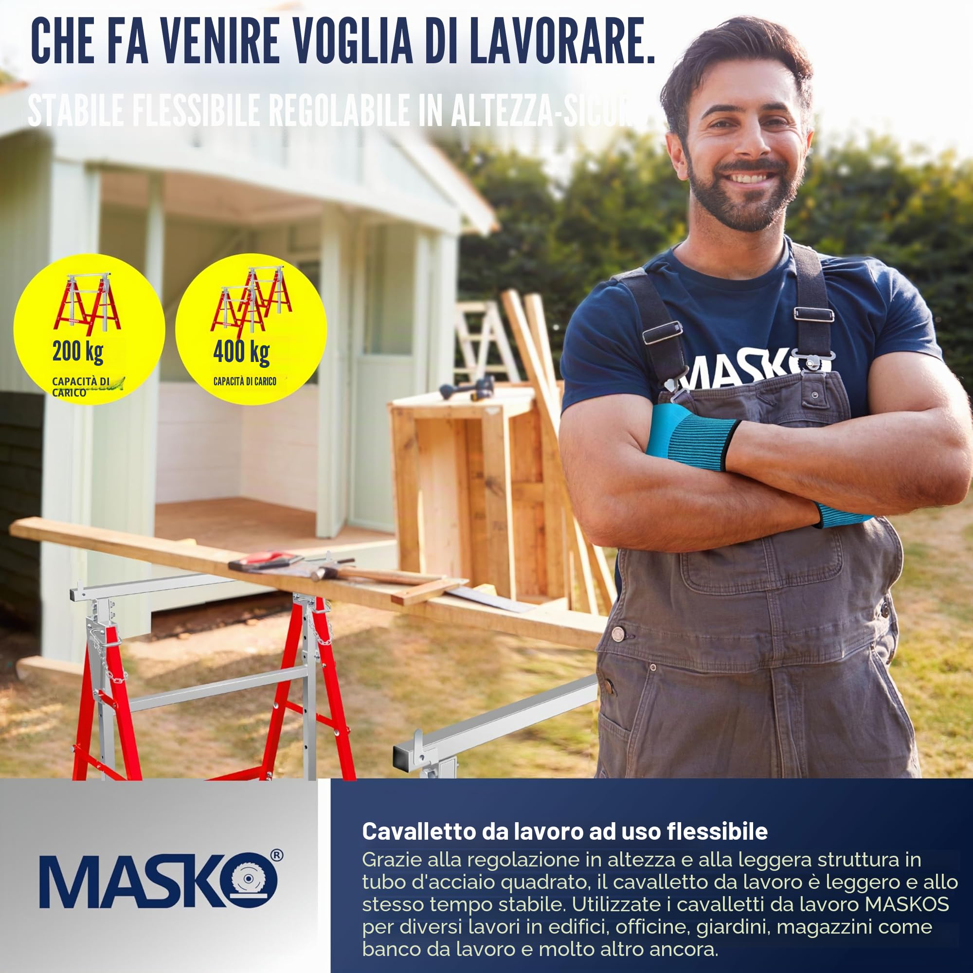 MASKO® Cavalletto da lavoro telescopico | Cavalletto pieghevole max. portata 200 kg | Regolabile in altezza min/max. altezza di lavoro 800 – 1300 mm | con guanti, Set di 2 - Argento/Rosso