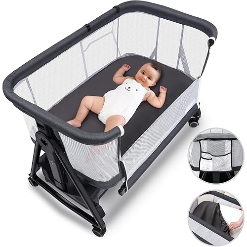zebrater Baby Bassinet Bedside Sleeper with Storage Basket and Wheels,All Mesh Bedside Bassinet for Baby,7 Adjustable Height Portable Bedside Crib Co Sleeper for Newborn/Infant(3 in 1,Black)