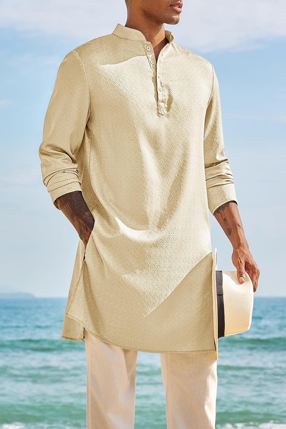 Runcati Mens Kaftan Thobe Textured Henley Shirt Long Sleeve Robe Casual Muslim Gown Shirt - Image 2