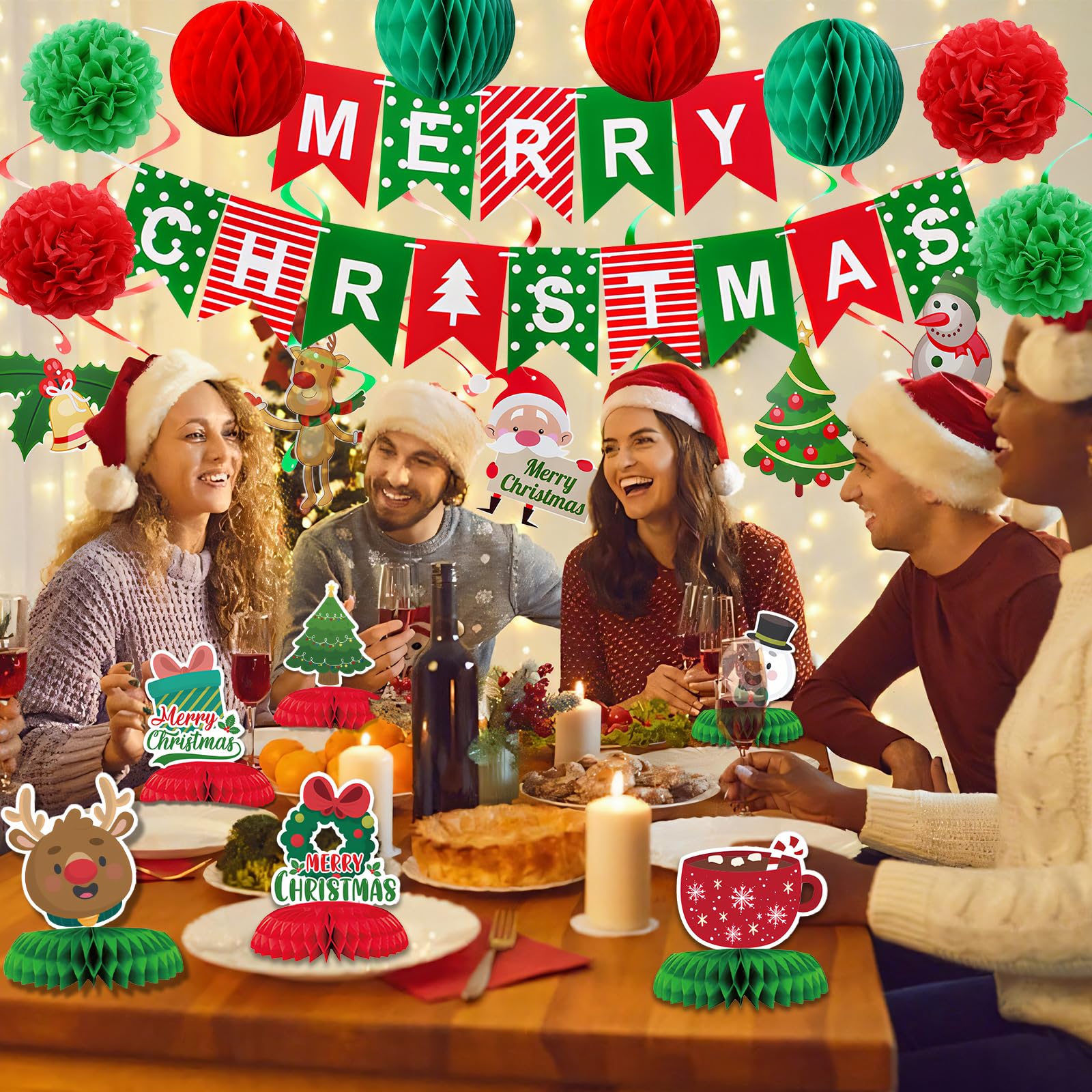 KUANINUNAR Red Green Christmas Decorations Party Banner Set Flower Fan Paper Xmas Bunting Honeycomb Centerpieces Tree Santa Snowman Banner Table Decorations Christmas Party Supplies (Red) - Image 2