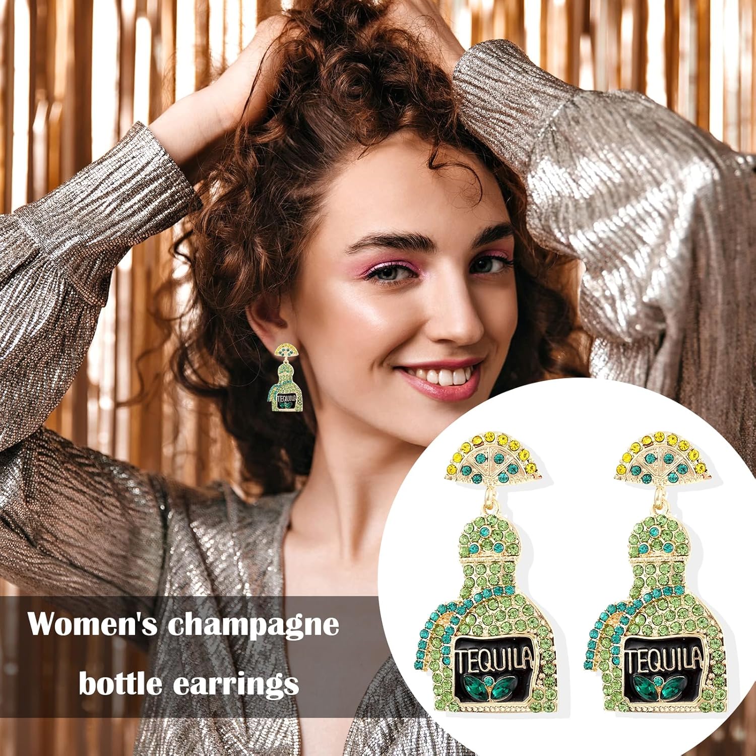 Champagne Earrings for Women Bottle Margarita Tequila Earrings Crystal Dangle Earring Cinco De Mayo Dress Accessories Party Jewelry Gifts - Image 5