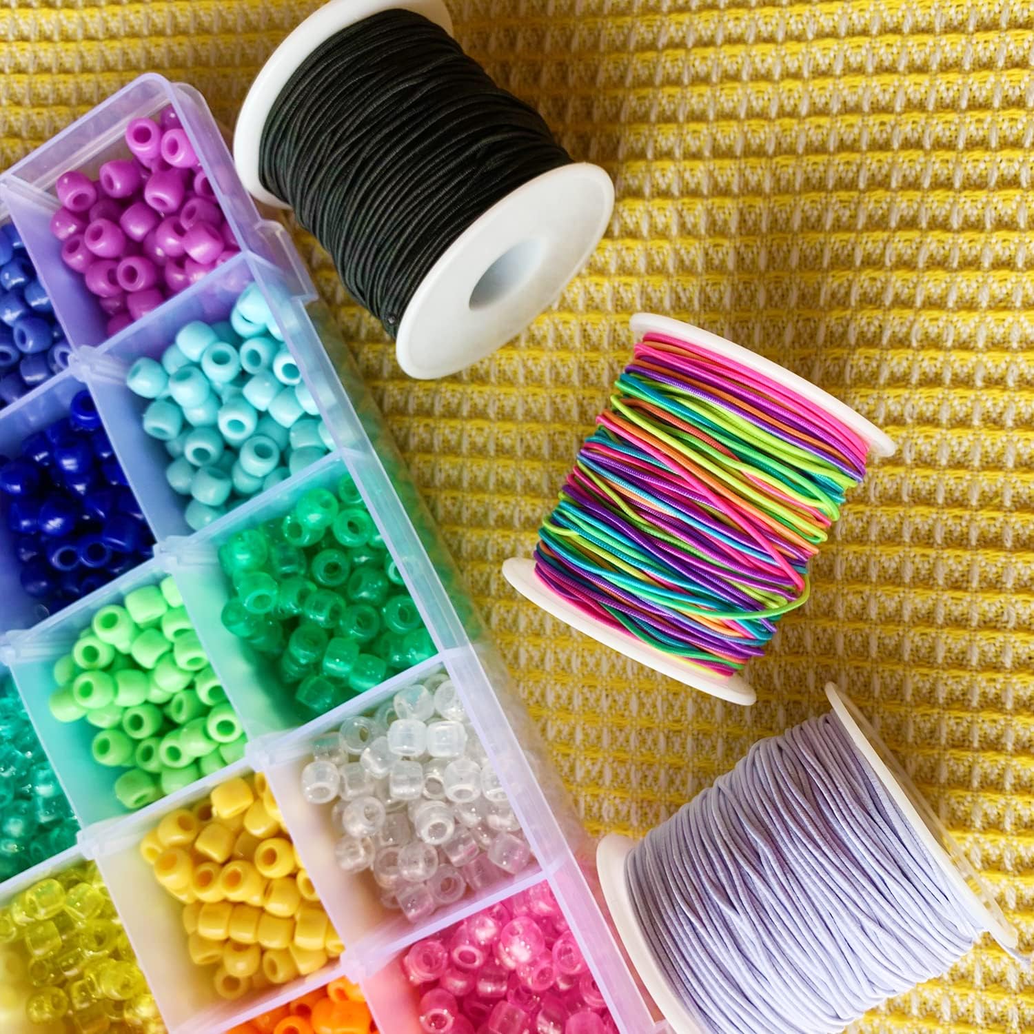 1.2mm Elastic Cord for Bracelets, Elastic Cord String for Bracelets Making, QBJAYTY 3-Color Beading Cord String for Bracelet Making, Elastic Black White Rainbow String