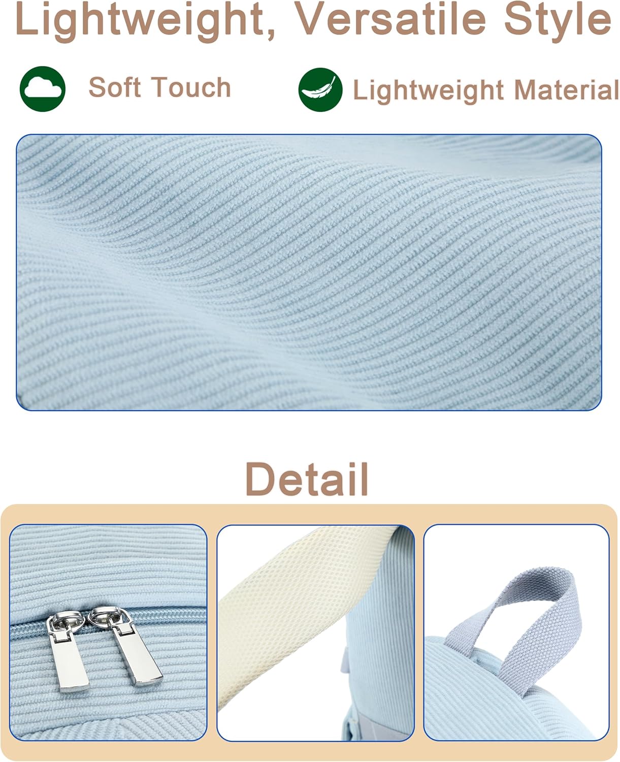 Hidds School Backpack for Teens Girls Women 15.6 Inch Laptop College Backpacks Corduroy Kids Bookbag Students Travel Daypack Womens (Blue) - Image 6