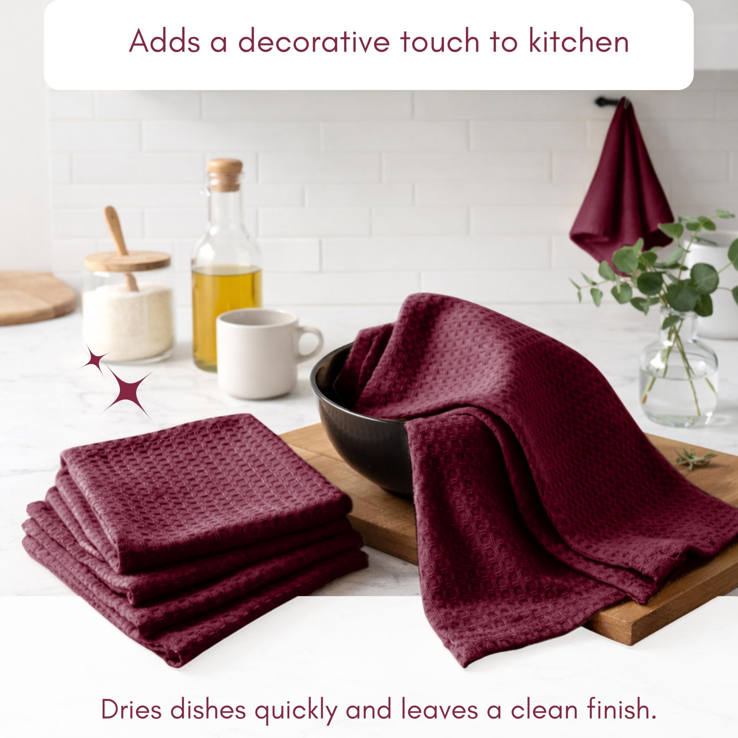 TWINY threads Juego de 6 toallas de cocina 100% algodón macizas con lazo para colgar (16 x 26 pulgadas), paño de tejido de gofre Dobby ultra absorbente, reutilizables, lavables a máquina, vino burdeos