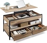 VASAGLE Table Basse, Table de Salon avec Plateau Relevable, Tiroirs de Rangement, avec Rangement Ouvert et Compartiment Caché, Marron Camel et Noir d'encre LCT209K02 - 1