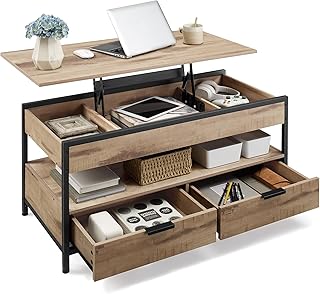 VASAGLE Couchtisch, höhenverstellbarer Wohnzimmertisch, Kaffeetisch, mit Schubladen, offenes Fach, 50 x 100 cm, Kamelbraun-tintenschwarz LCT209K02