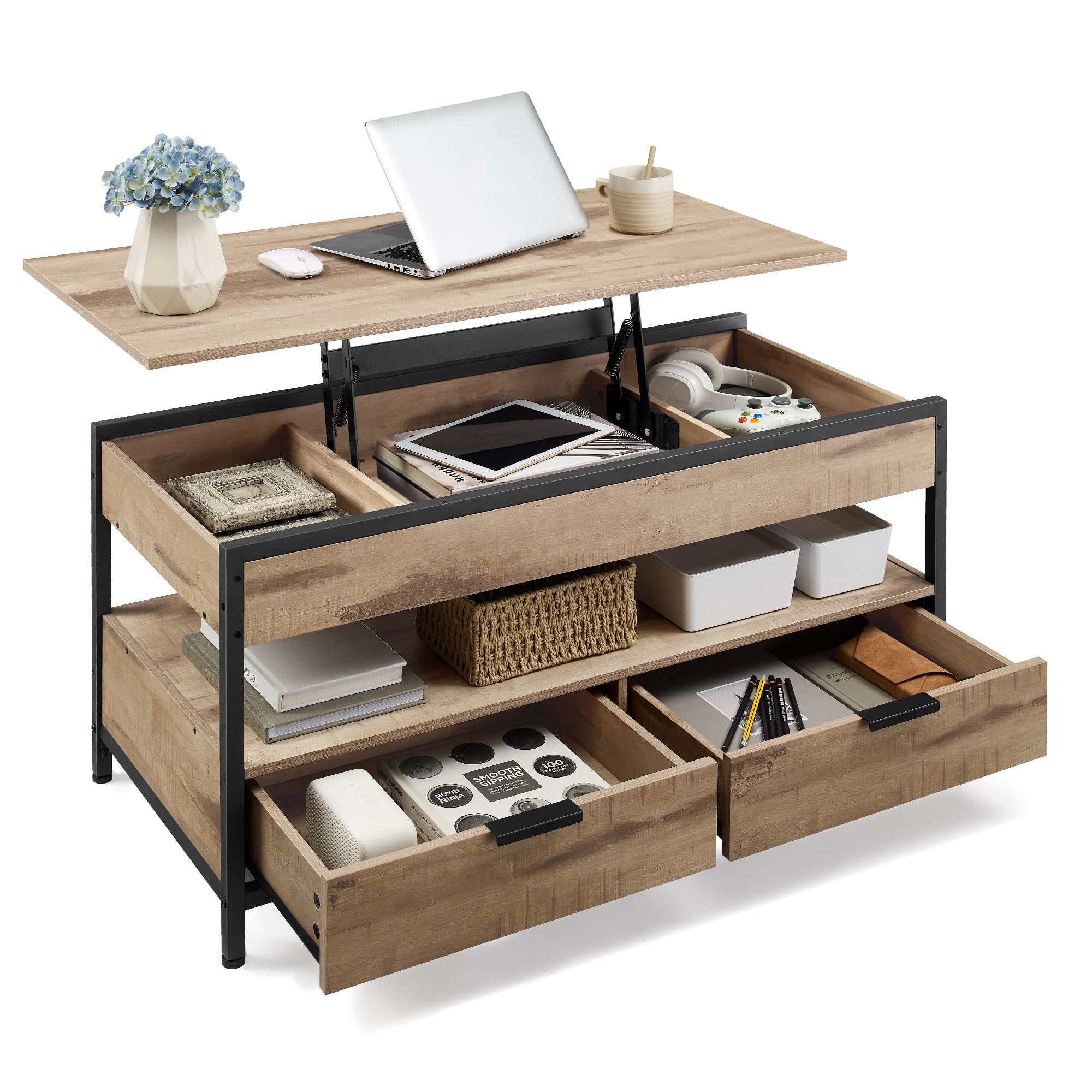 VASAGLE Couchtisch, höhenverstellbarer Wohnzimmertisch, Kaffeetisch, mit Schubladen, offenes Fach, 50 x 100 cm, Kamelbraun-tintenschwarz LCT209K02