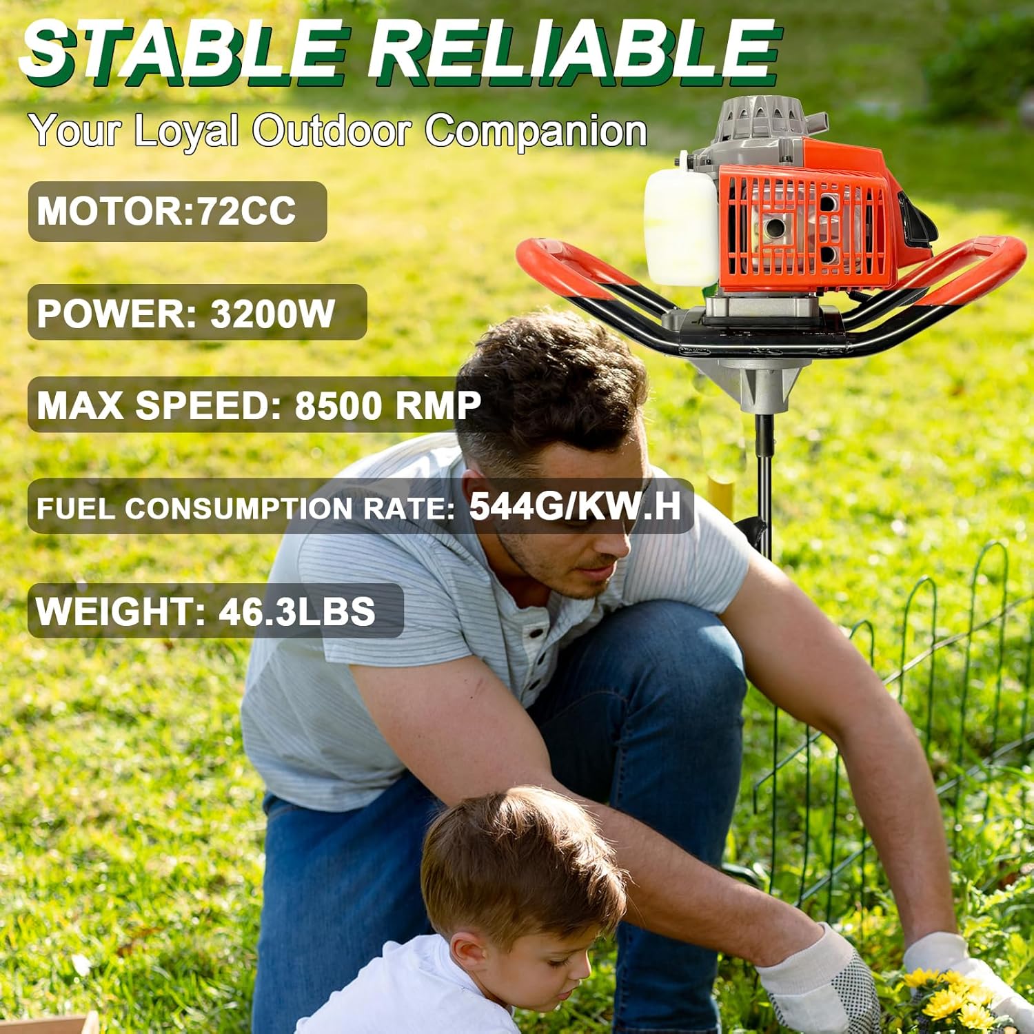 72CC Auger Post Hole Digger, 2 Stroke Gas Powered Earth Post Hole Digger with 3 Auger Drill Bits(4" & 6"& 8") + 3 Extension Rods (8"& 12"& 20") for Farm Garden Plant