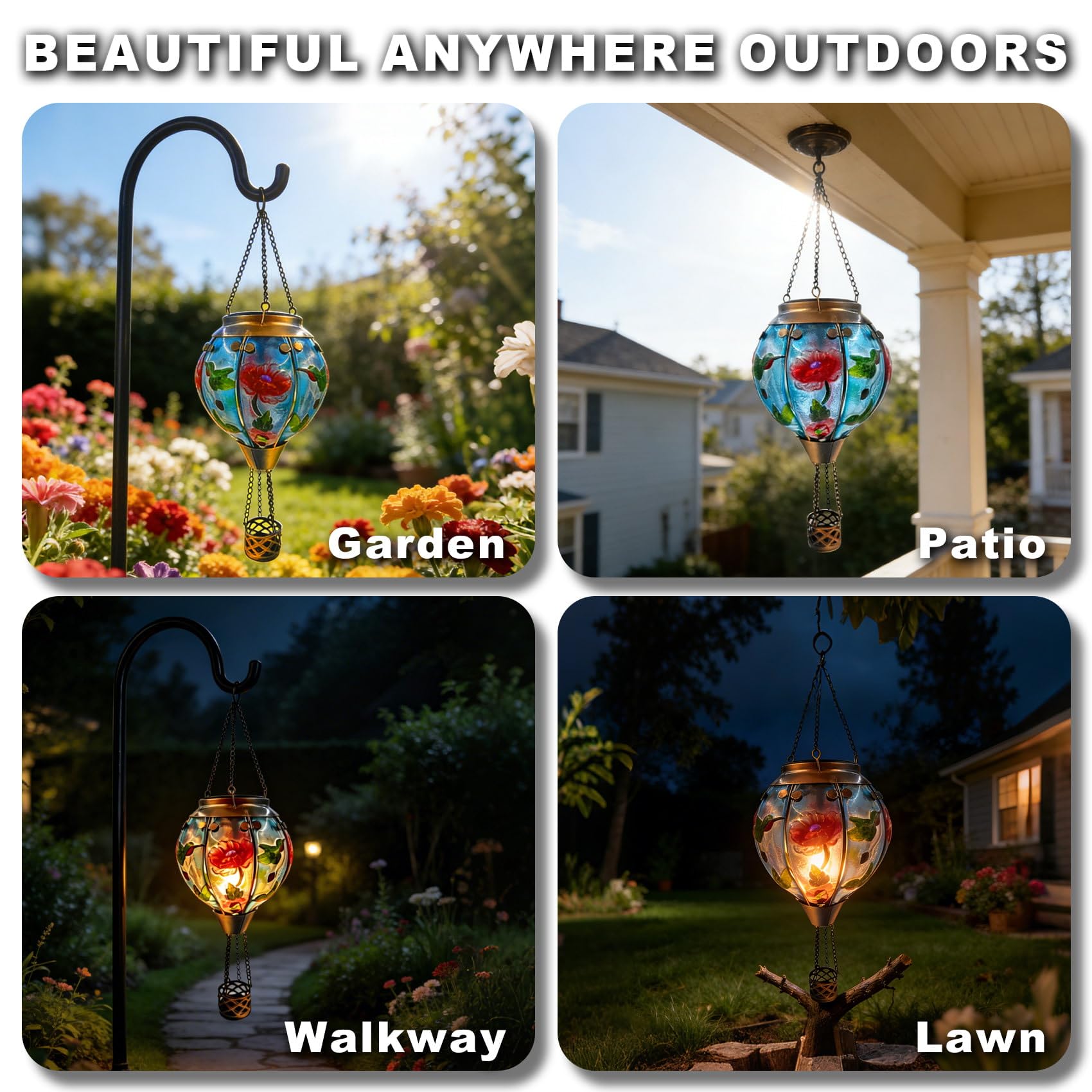 Lot de 2 lampes solaires à air chaud à suspendre avec crochets de berger, 45,7 cm de haut, lanternes d'extérieur en verre étanche pour cour, terrasse, cadeau de fête des mères, colibri