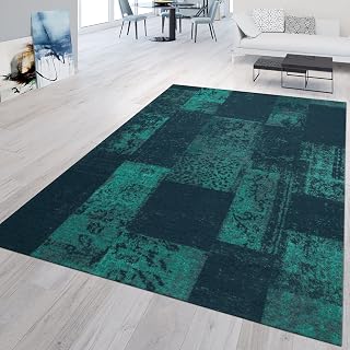 Short Bangs Carpet Modern Living Room Patchwork Pattern Classic Turquoise Blue, Size:80x150cm