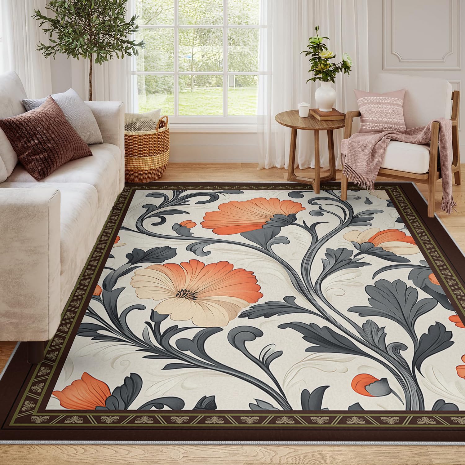 Tapis de salon floraux orange 90x180cm à poils bas bohémiens