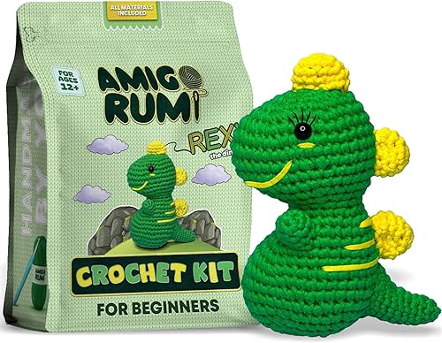 Miniatura 1 de Amigo Rumi Kit de ganchillo para principiantes de dinosaurios, kit de inicio para aprender a tejer, tutoriales en video de más de 3 horas y libro de