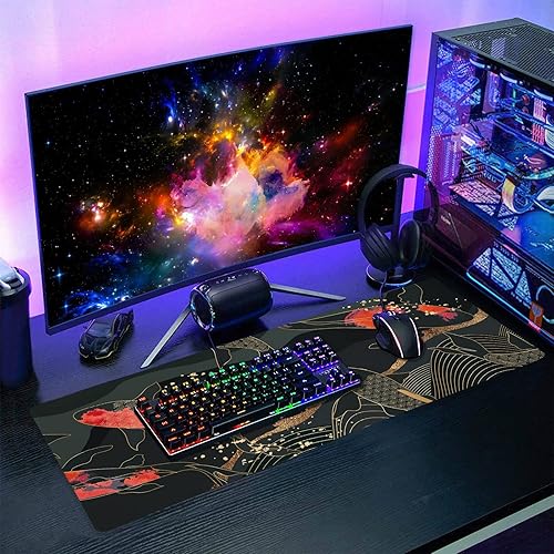 Miniatura 7 de Alfombrilla de mouse japonesa para juegos negra y roja, XL, arte de peces Koi, textura dorada, alfombrilla de escritorio grande extendida, base de