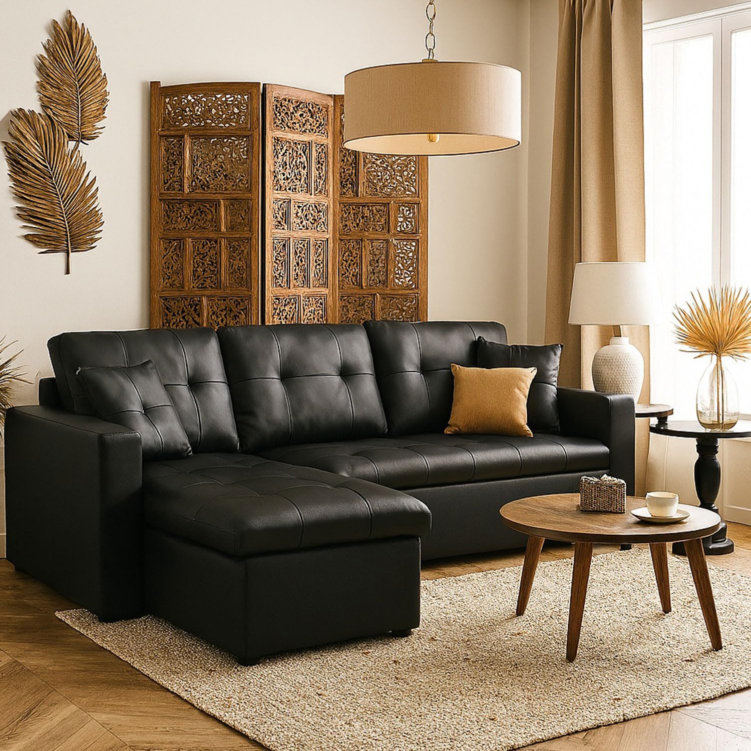 Canape Convertible d’Angle Simili PU Noir Méridienne Reversible Droite ou Gauche | Modèle Toledo | Canape Lit avec Coffre de Rangement| Coussins et Assise Moelleux et Confortable | L230 x P143 x H68