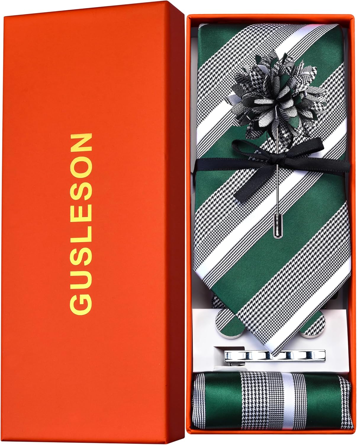 GUSLESON Striped Tie Set for Men Necktie and Pocket Square,Tie Clip,Cufflinks, Lapel Pin Sets with Gift Box 5PCS - Image 3