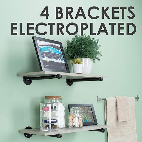Miniatura 4 de Pipe DÉCOR - Juego de 4 soportes industriales galvanizados de acero negro para estantes colgantes, soporte montado en la pared, pre-sellado y listo