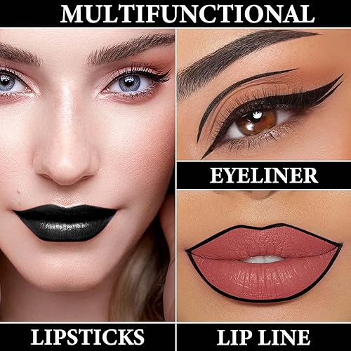 Miniatura 5 de Juego de 2 delineadores de labios y lápiz labial, kit de brillo de labios de terciopelo pigmentado, juego de delineadores de labios negro mate,