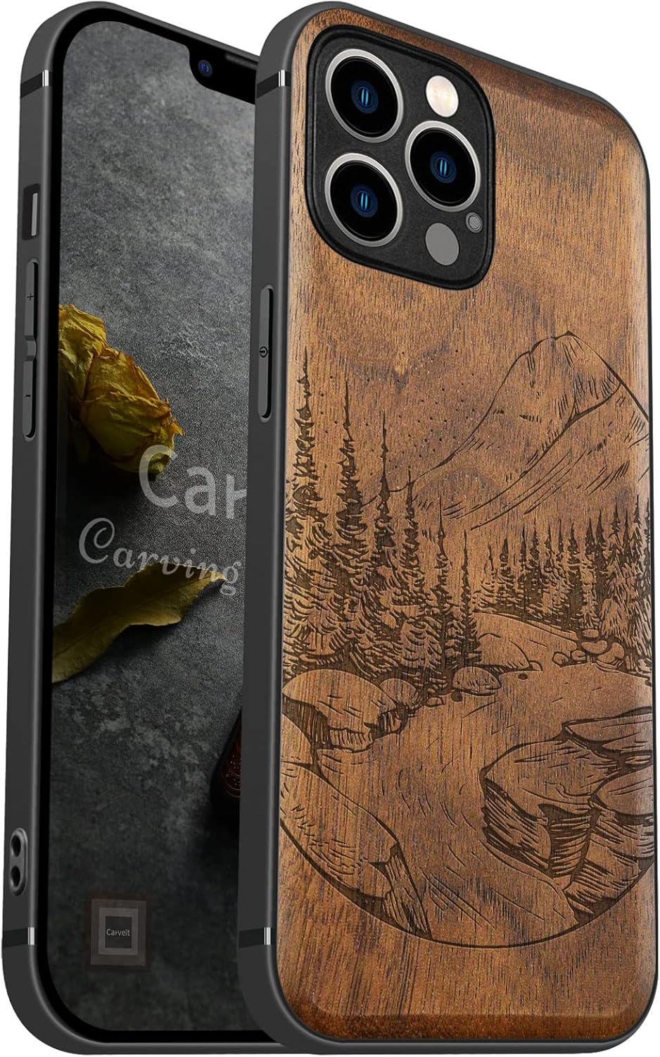 Carveit Magnetic Wood Case for iPhone 12 Pro Case [Natural Wood & Black Soft TPU] Shockproof Protective Unique Wooden Cover Compatible with MagSafe (Natural Landscape-Walnut)
