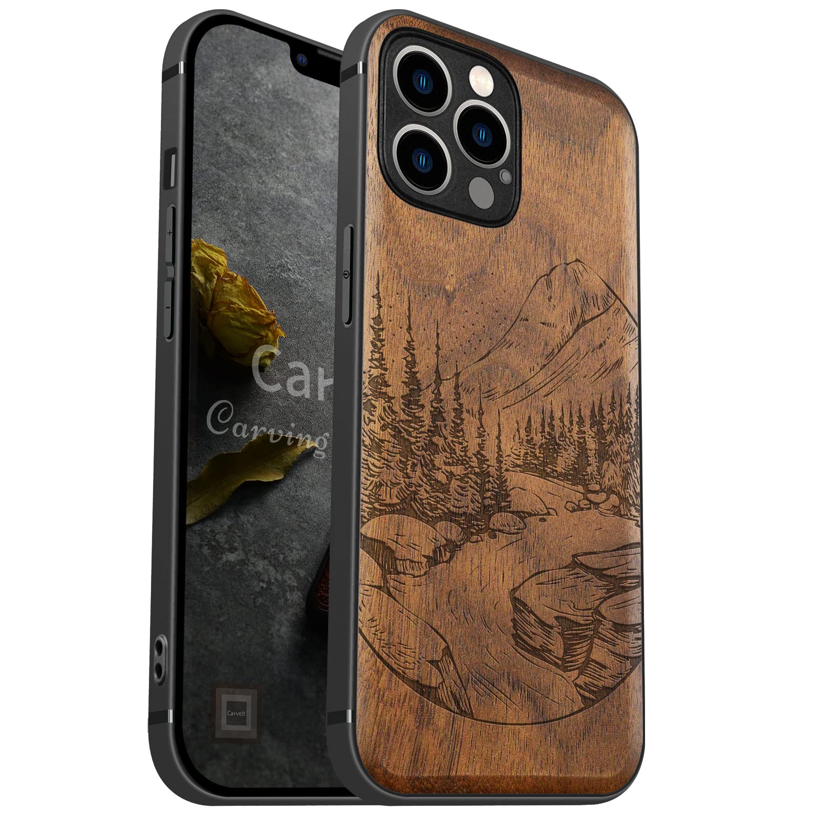 Carveit Magnetic Wood Case for iPhone 12 Pro Case [Natural Wood & Black Soft TPU] Shockproof Protective Unique Wooden Cover Compatible with MagSafe (