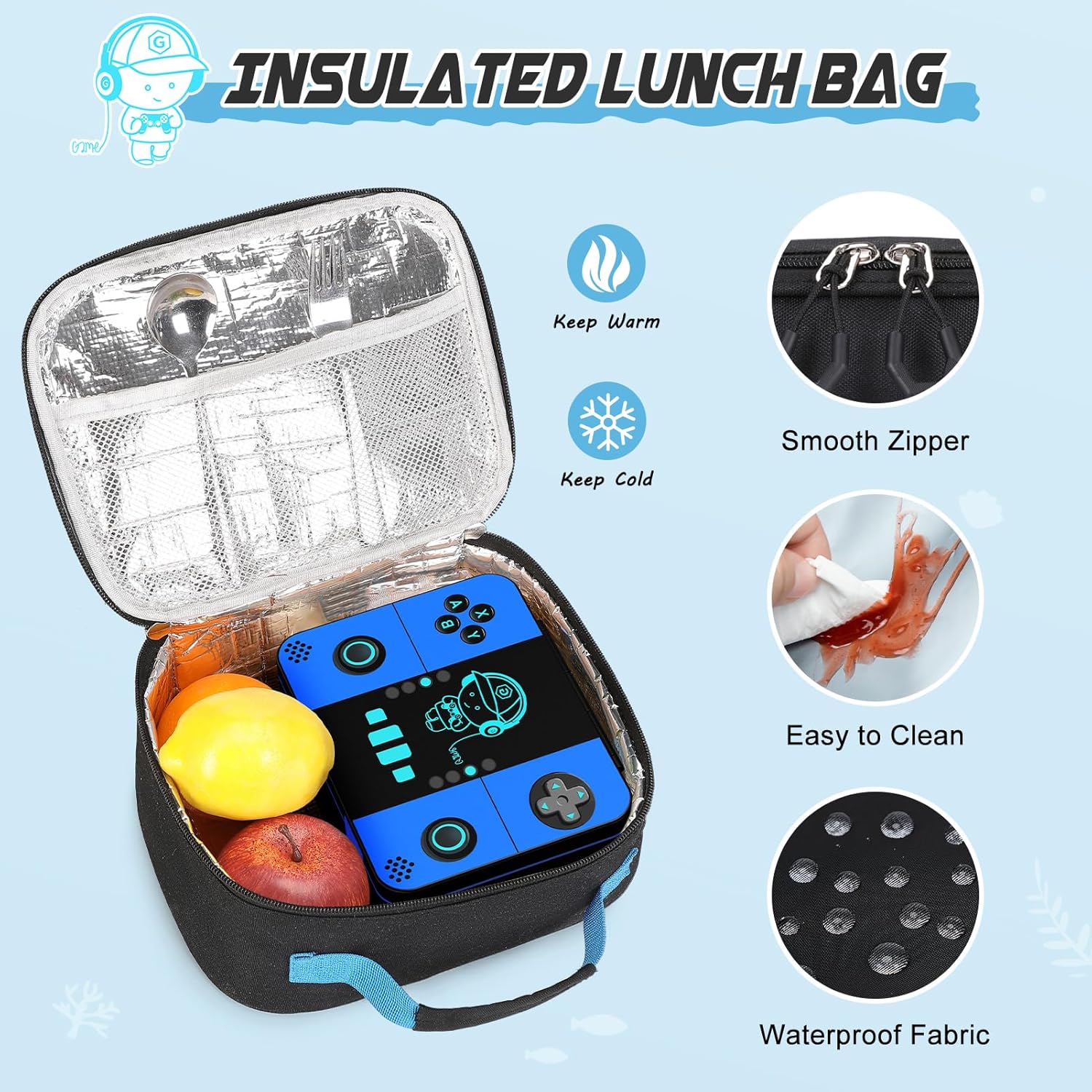 Bevalsa Backpack for Boys with Bento Lunch Box Set, Cool Luminous Gamer Boys Backpack Bookbag for Kid, 43oz Lunch Containers Lunchbox, Insulated Lunch Bag & Pencial Case, Back To School Gift (Blue)