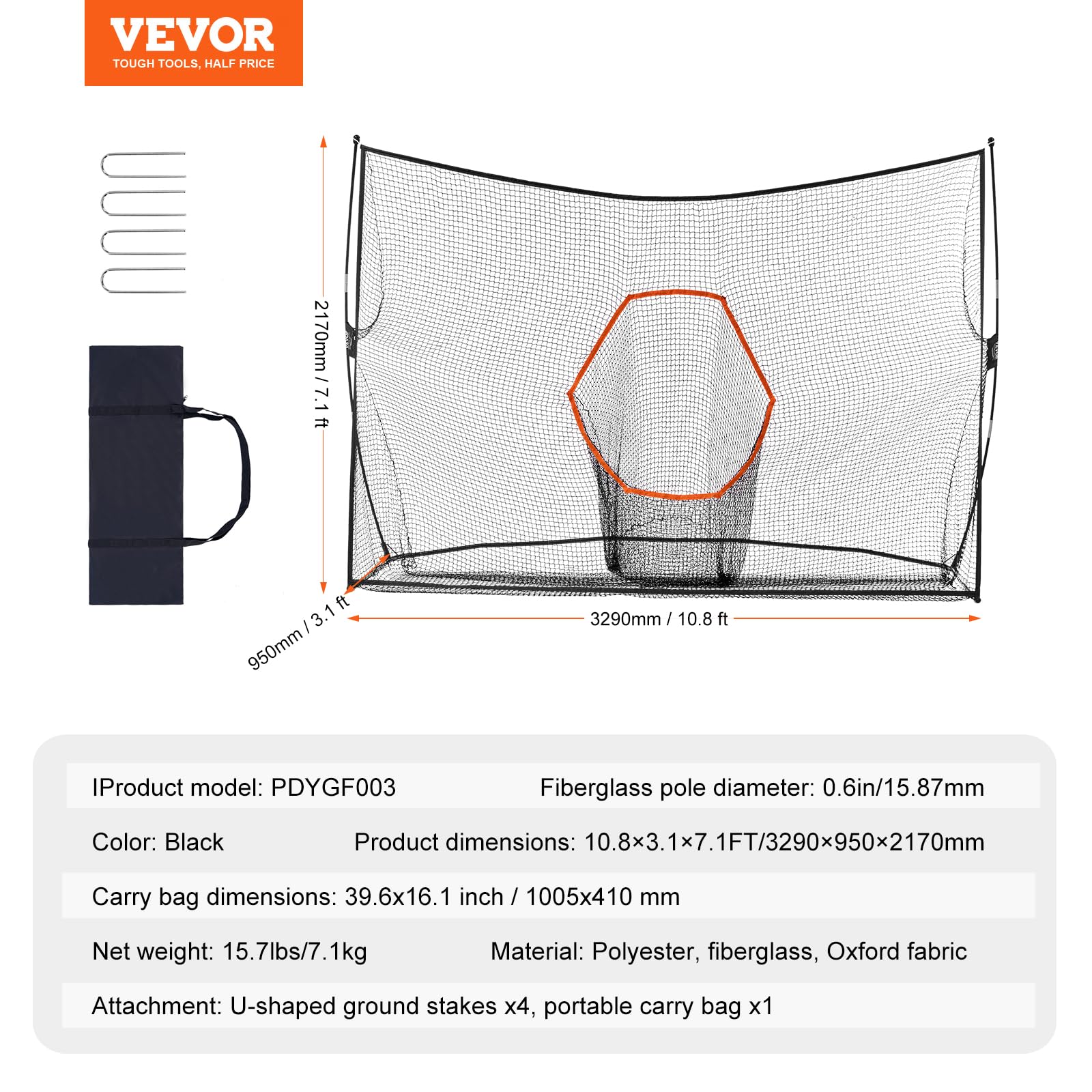 VEVOR Red de Práctica de Golf 329 x 95 x 217 cm Campo Personal Interior Exterior Portátil para Hogar Con Marco de Fibra de Vidrio y Bolsa de Transporte