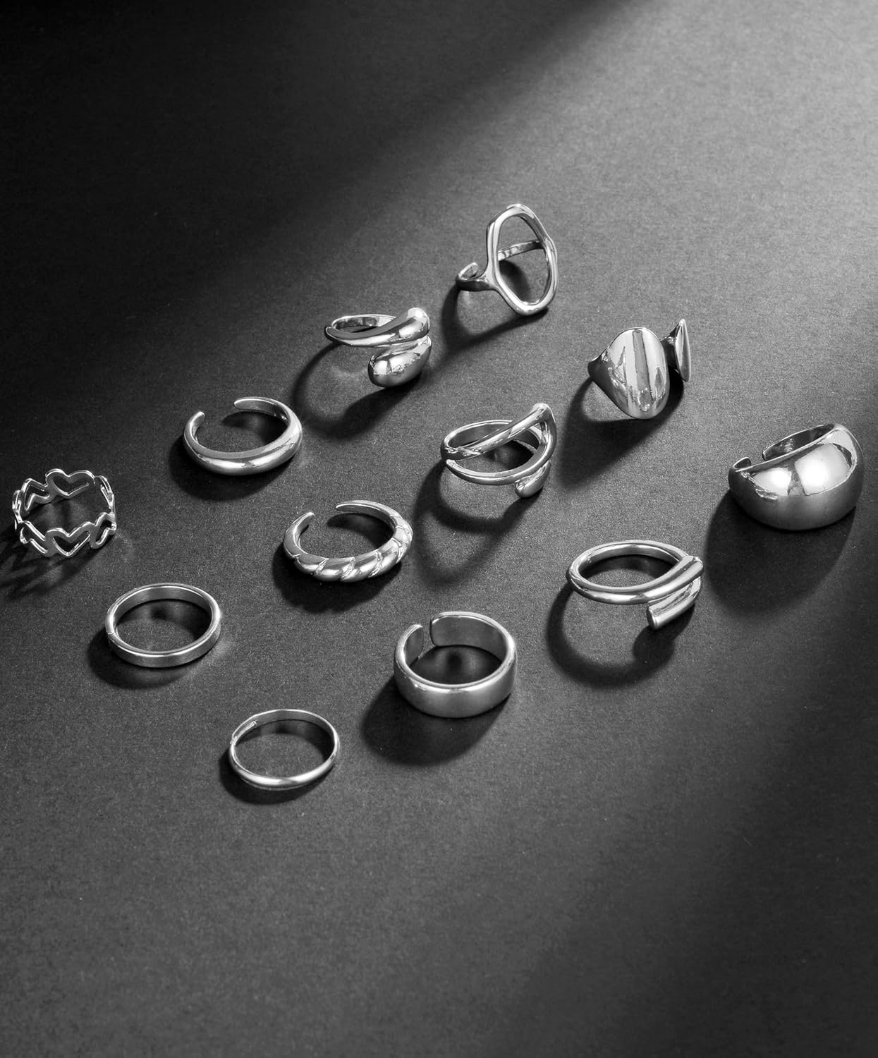 12Pcs Gold Chunky Rings 18K Gold Plated Stackable Open Knuckle Ring Set Hollow Heart Twist Croissant Dome Band Statement Finger Rings for Women Gold Silver Tone Adjustable - Image 7