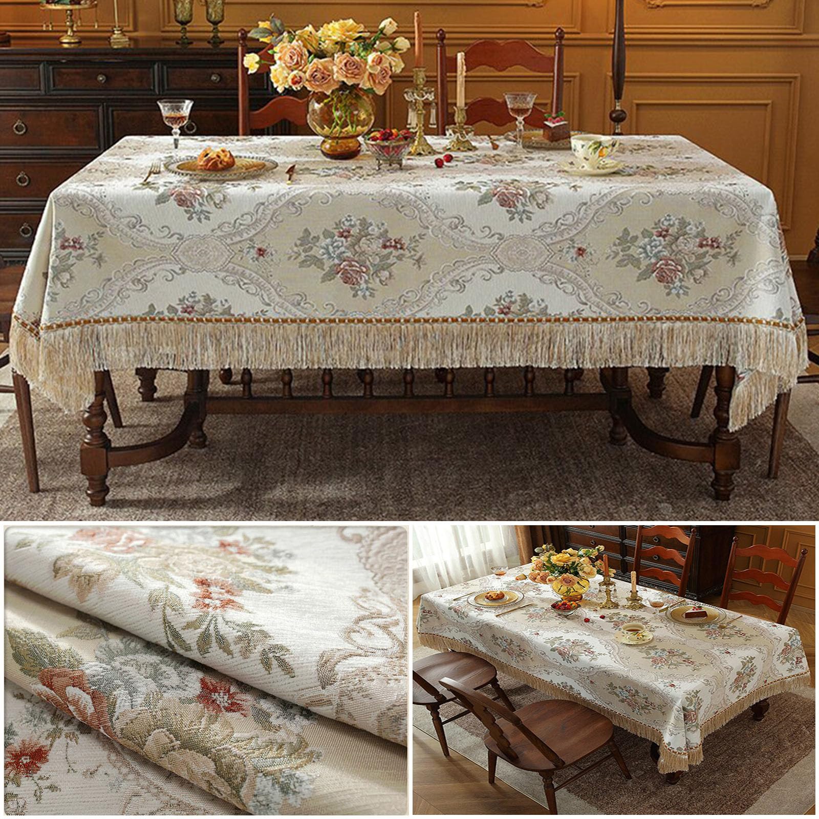 Tovaglia Rettangolare da Pranzo Stile Europeo retrò con Nappe Motivo Floreale Ricamato Lavabile per Cucina Sala da Pranzo Decorazione da Tavolo 140x200cm Beige