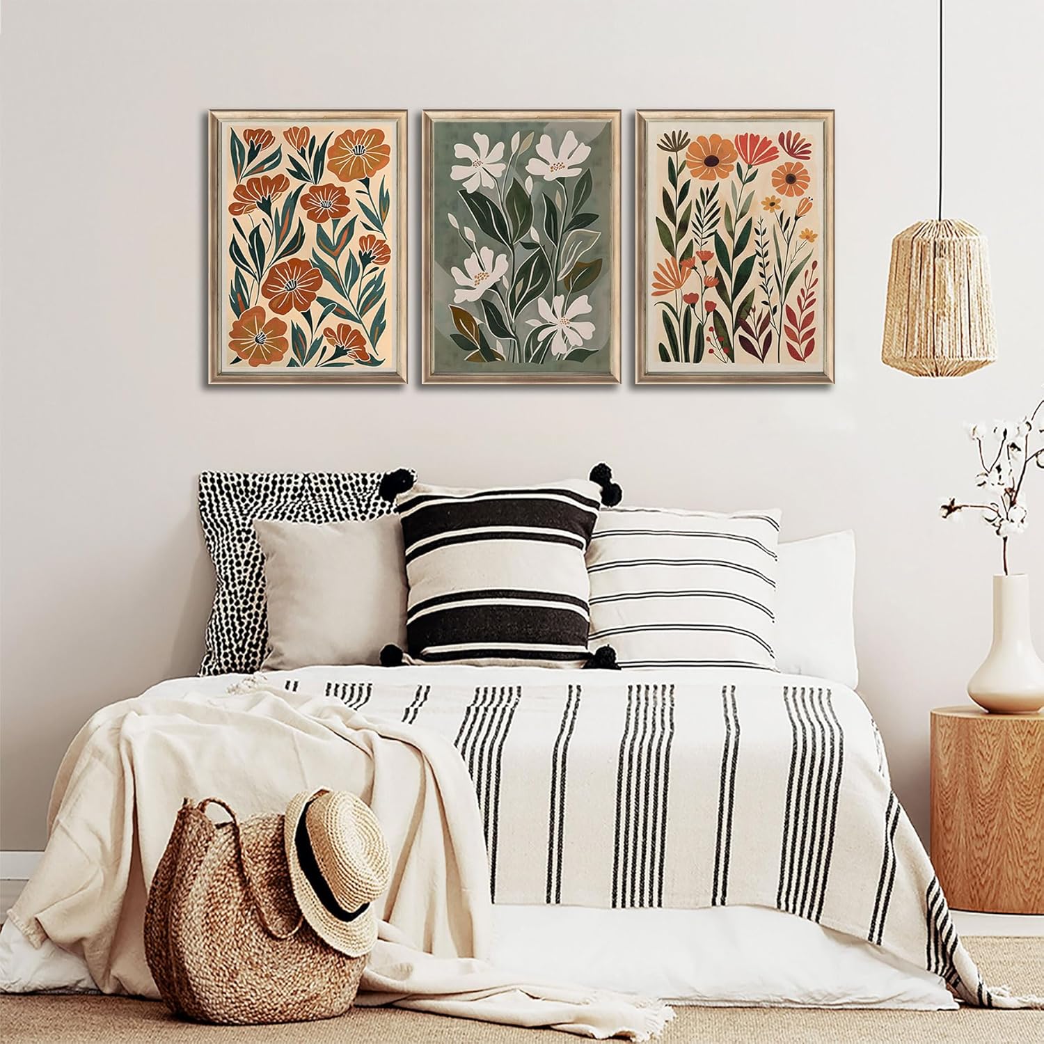 3pcs Abstract Boho Floral Canvas Wall Art Green Beige Flower Market Wall Decor Pictures Minimalist Colorful Botanica Posters Prints For Living Room Bedroom Office Home Decoration
