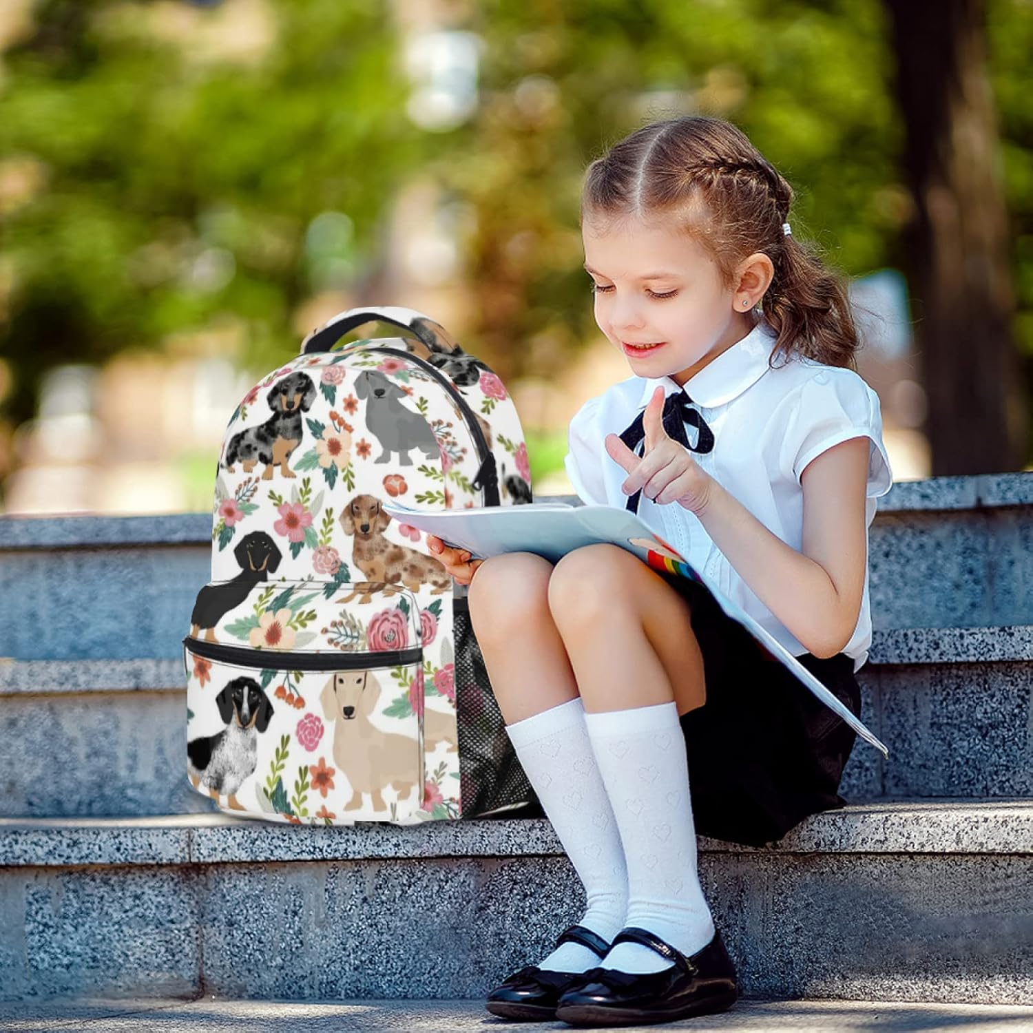 Giwawa Dachshund Dog Flower Backpack for Kids Girls Boys Cute Puppy Animal Floral Print School Bags Bookbag with Multiple Pockets for Student Laptop Travel Sports Women Men - Image 5