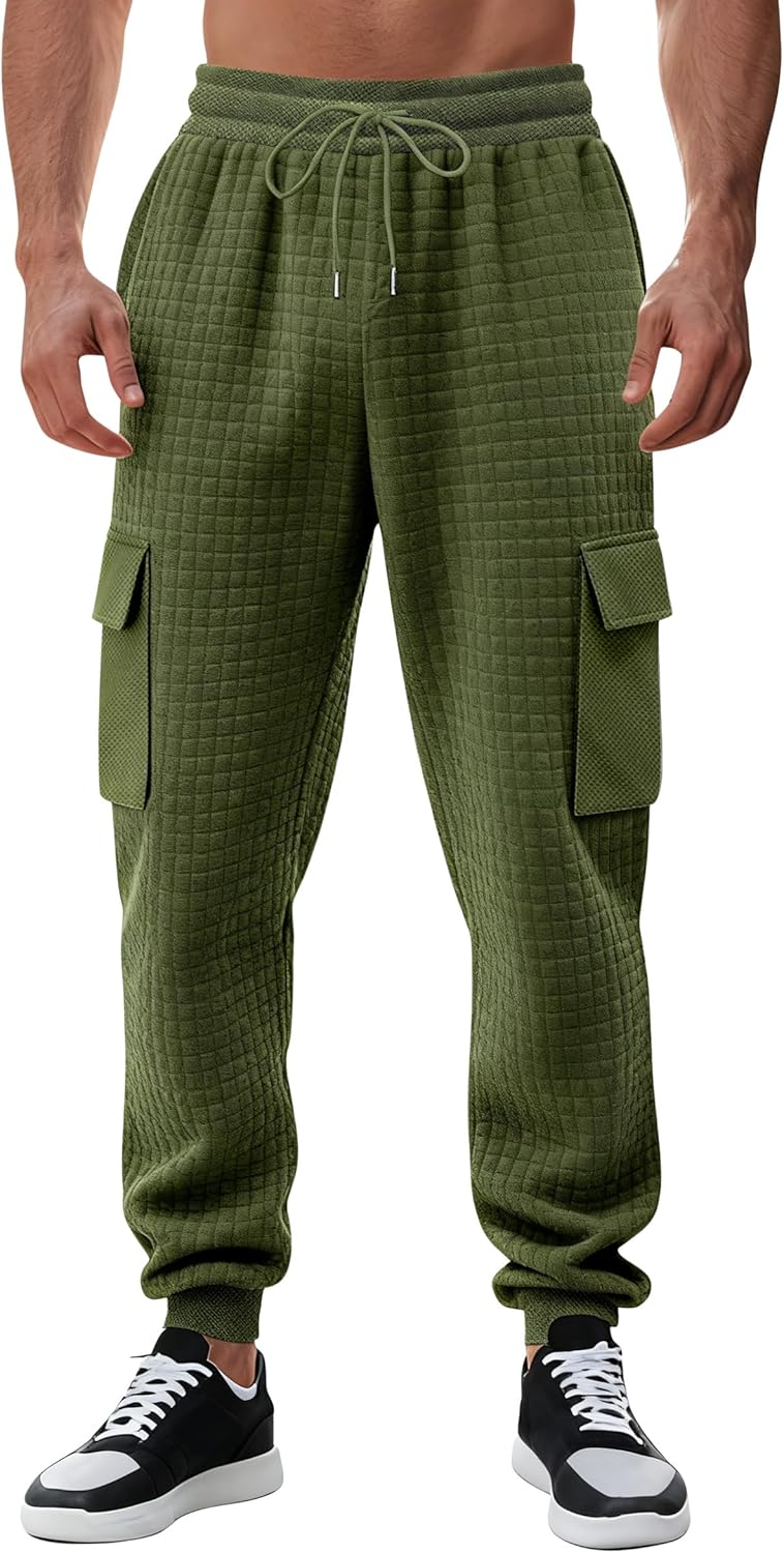 Mens Sweatpants Waffle Knit Pants Elastic Waist Drawstring Jogger Sweatpants with Pockets - Image 2