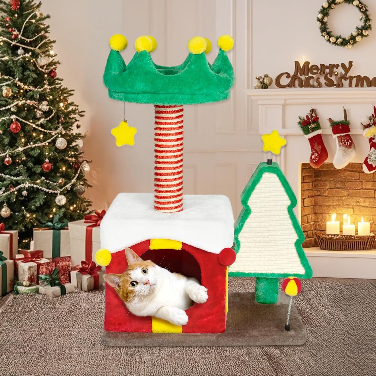 KAMABOKO Christmas Cat Tree Cat Tower with Cat Condos, 35" Multi-Level Top Perches, Sisal Ramp Scratching Posts, Cozy Basket, Hammocks, Large Cats Pet Activity Structure