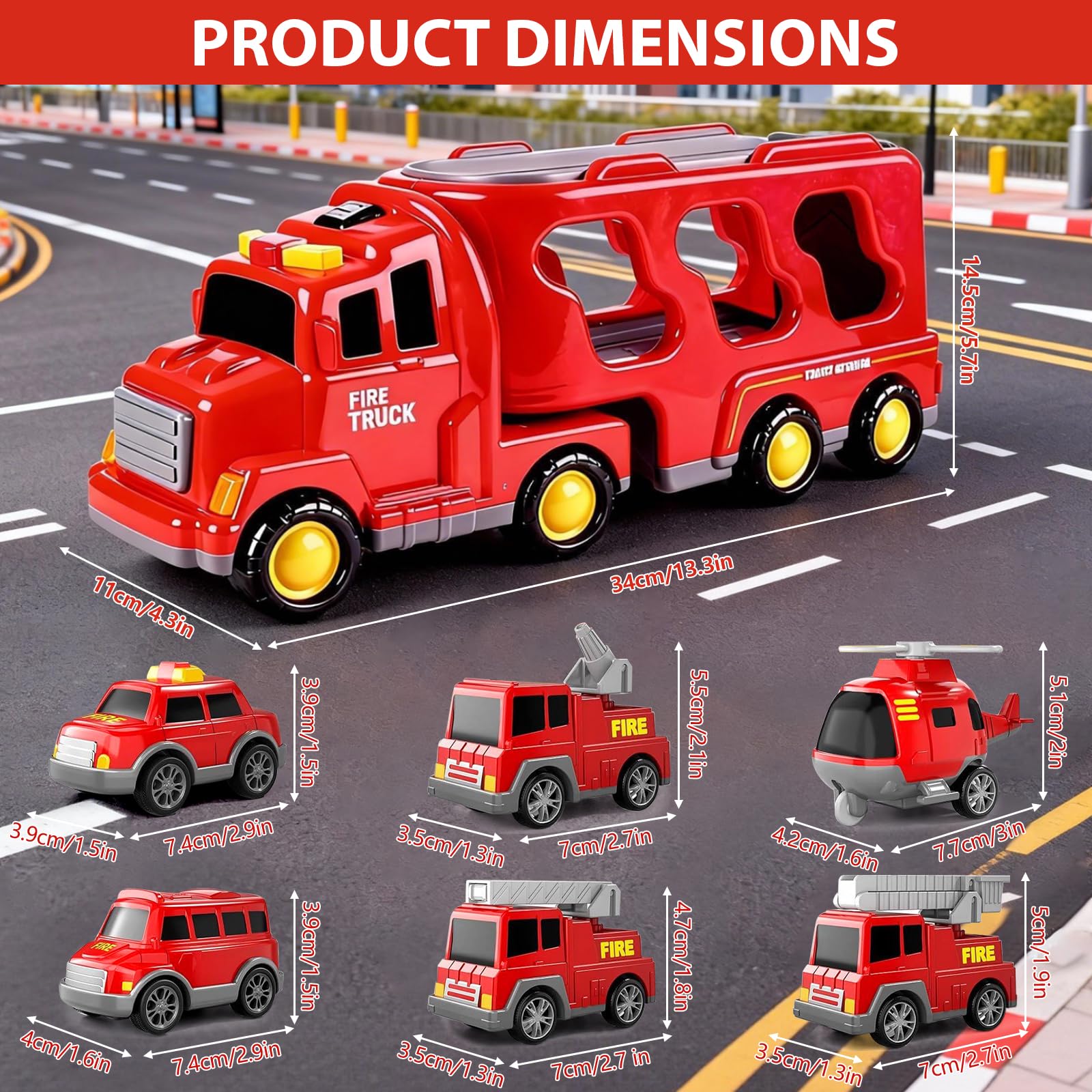 7 en 1 Camion Pompieri Giocattolo, Camion Trasportatore Macchinine con 6 Mini Camions dei Pompieri Camion dei Pompieri ad Inerzia avec Luci e Suoni Regalo per Ragazzi Ragazze di 3 4 5 6 7 anni