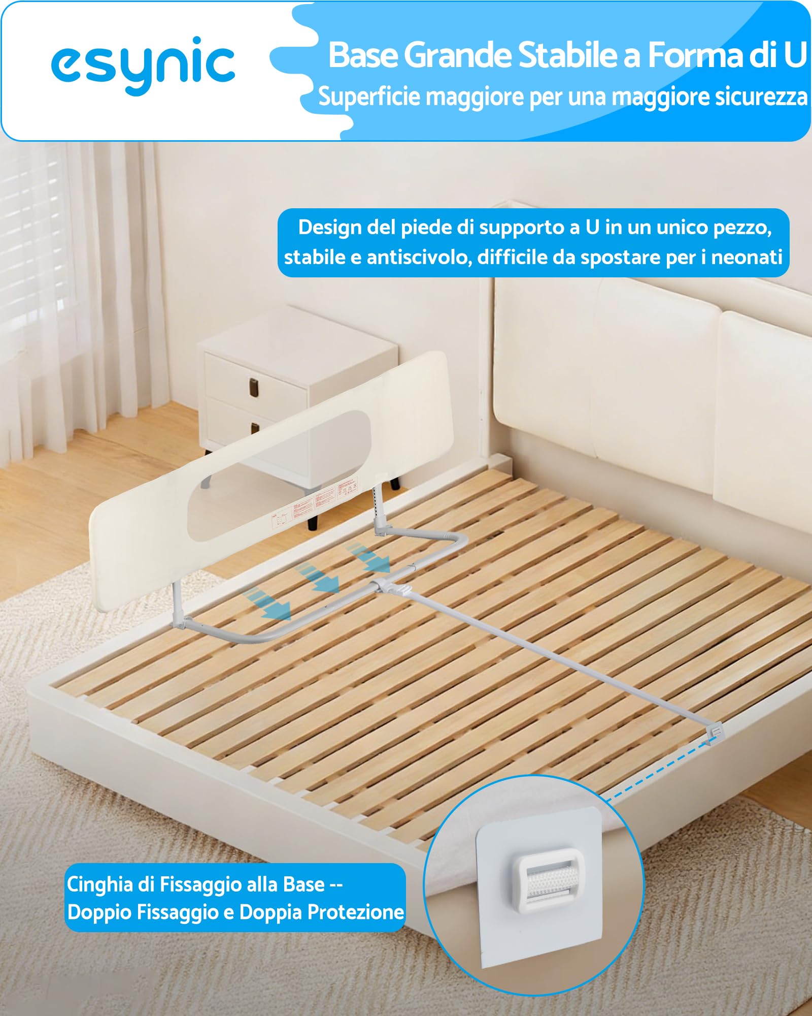 eSynic Barriera Letto Bambini 150cm, Pieghevole e Portatile da Viaggio, Altezza Regolabile su 19 Livelli da 2-26cm, Sponda Lettino a Tre Ante per Piccoli 0-5 Anni, Forma Variabile a L, U e I - Beige