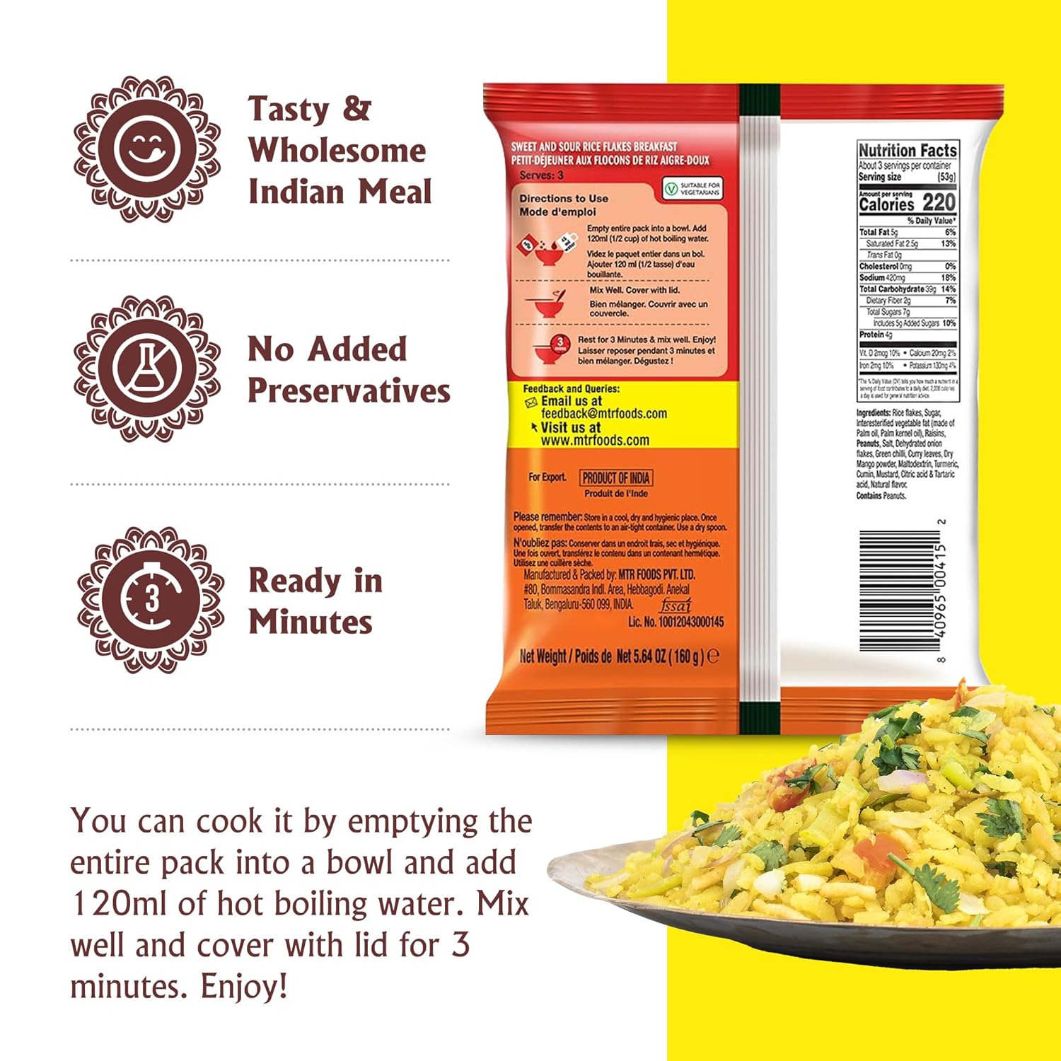 MTR 3minute Khatta Meetha Poha - Ready-to-Cook Mix - Authentic Indian Food in Just 3 Minutes - 100% Vegetarian - No Added Preservatives - Just Add Hot Water - Quick & Easy (Khatta Meetha Poha, 160g, Pack of 6)