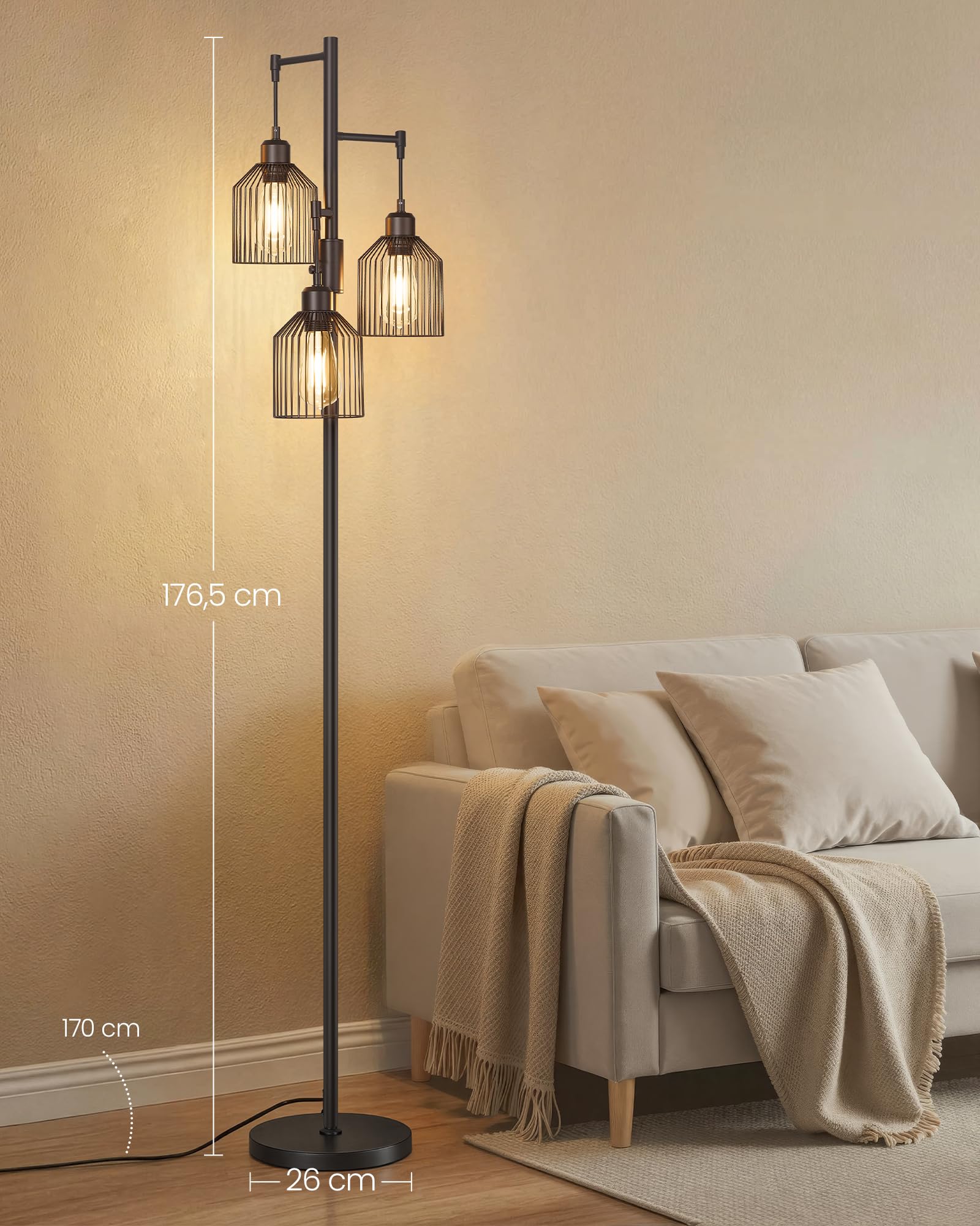 VASAGLE Lampada da Terra, Piantana con 3 Lampadine, Luminosità Regolabile, Paralume in Metallo, 3 Attacchi E27, Nero Inchiostro LFL013BD02