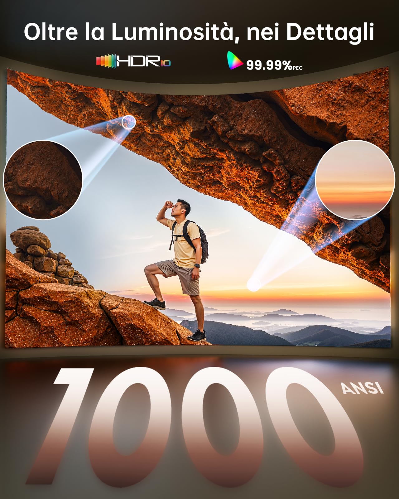 Proiettore 4K[Ufficiali Netflix e Dolby]1000 ANSI Regolazione Auto Dell'immagine AI Proiettore Portatile per Home Theater e Esterno WiFi 6 Two-way Bluetooth 5.3 Videoproiettore TOPTRO A1