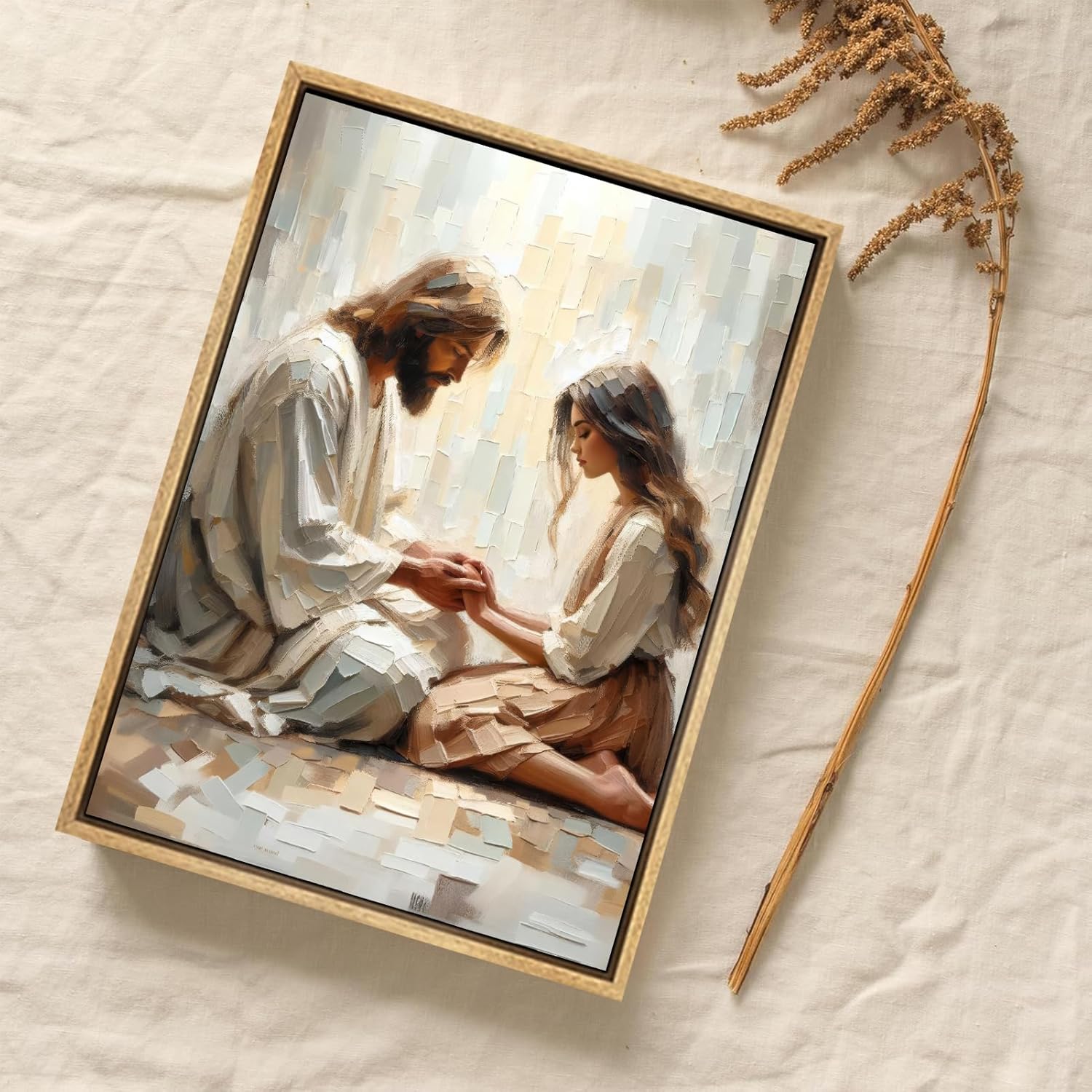Jesus Wall Art Jesus and Woman Praying Painting Picture Wall Decor Christian Bible Story Poster Print Artwork for Living Room Bedroom Church Home Decoration 12x16in Frame