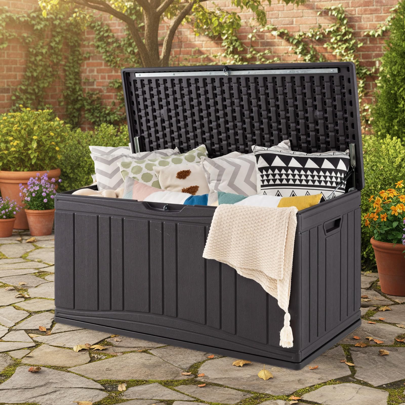 RELAX4LIFE Baule Cassapanca Contenitore da Esterno Impermeabile, con Coperchio Bloccabile, Doppia Leva, per Attrezzo da Giardino, Giocattoli e Cuscini, per Cortile, 114 x 55 x 60,5 cm (MARRONE)