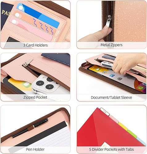 Miniatura 4 de Ospelelf Carpeta portafolio de cuero con almacenamiento en portapapeles, carpeta de 3 anillos con cremallera, calculadora solar, funda para tableta