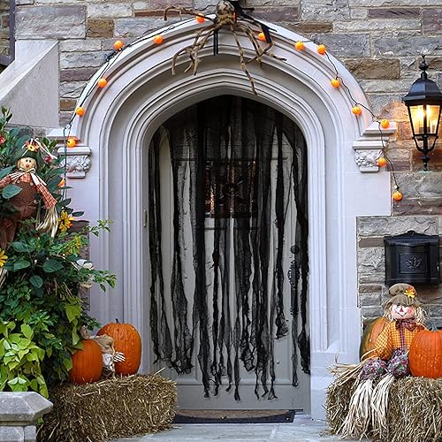 Miniatura 7 de Sfcddtlg 4 cortinas negras de Halloween para puerta, 65 x 39 pulgadas, decoración de cortina espeluznante para puerta de Halloween, decoración de