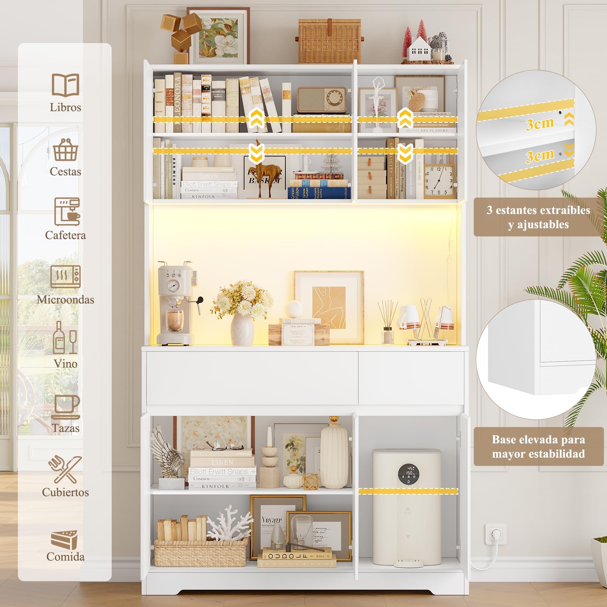 FirFurd Alacena Cocina Grande, Muebles de Cocina, Armario Cocinas Almacenaje, Mueble Almacenaje con Iluminacion LED, Regleta, Encimera para Microondas, 2 Cajones, 6 Puertas, Blanco 100x38.5x180cm