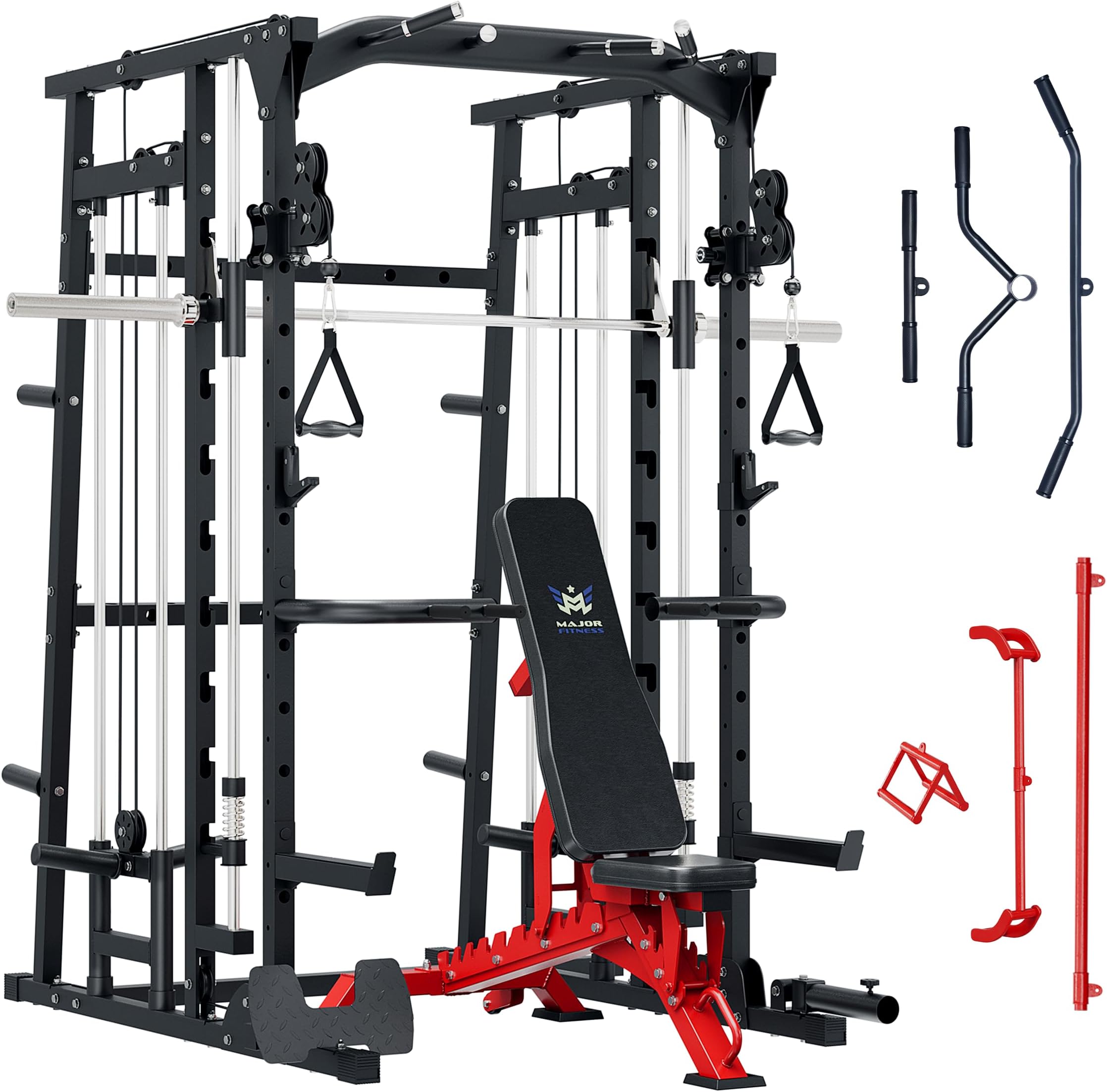 Major Fitness SML07 Machine All-in-One Home Gym Power Cage with Weight Bar and Two LAT Pull-Down Systems and Cable Crossover Machine, Exercise Attachment