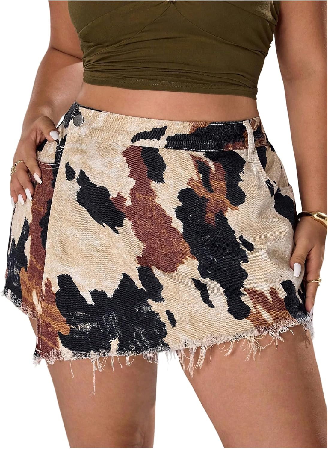 WDIRARA Women's Plus Size Cow Print Denim Skorts High Waisted Raw Hem Wrap Skirts Shorts