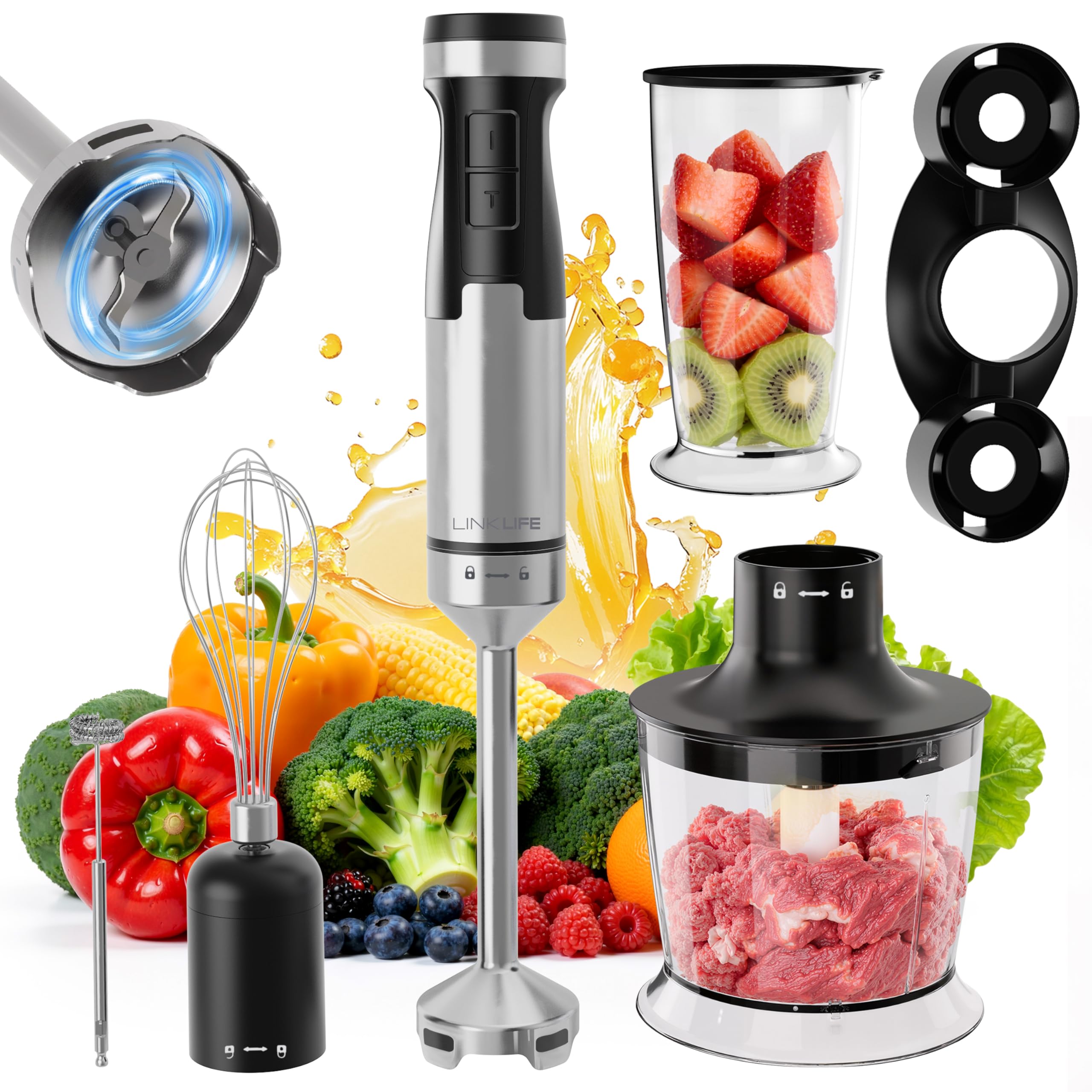 Photo 1 of 1200W Immersion Blender Handheld, 5-in-1 Variable Speed Emulsifier Hand Blender Stick with Whisk Chopper Milk Frother Mixing Cup and Storage Rack for Kitchen Soup, Purees, Baby Food and Smoothies
