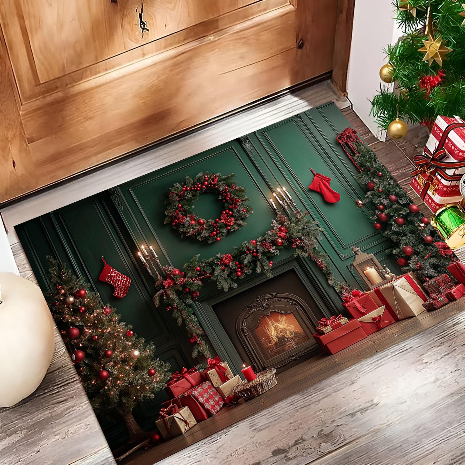 Felpudo de Navidad con patron de corona decorativa gran tamano antideslizante lavable