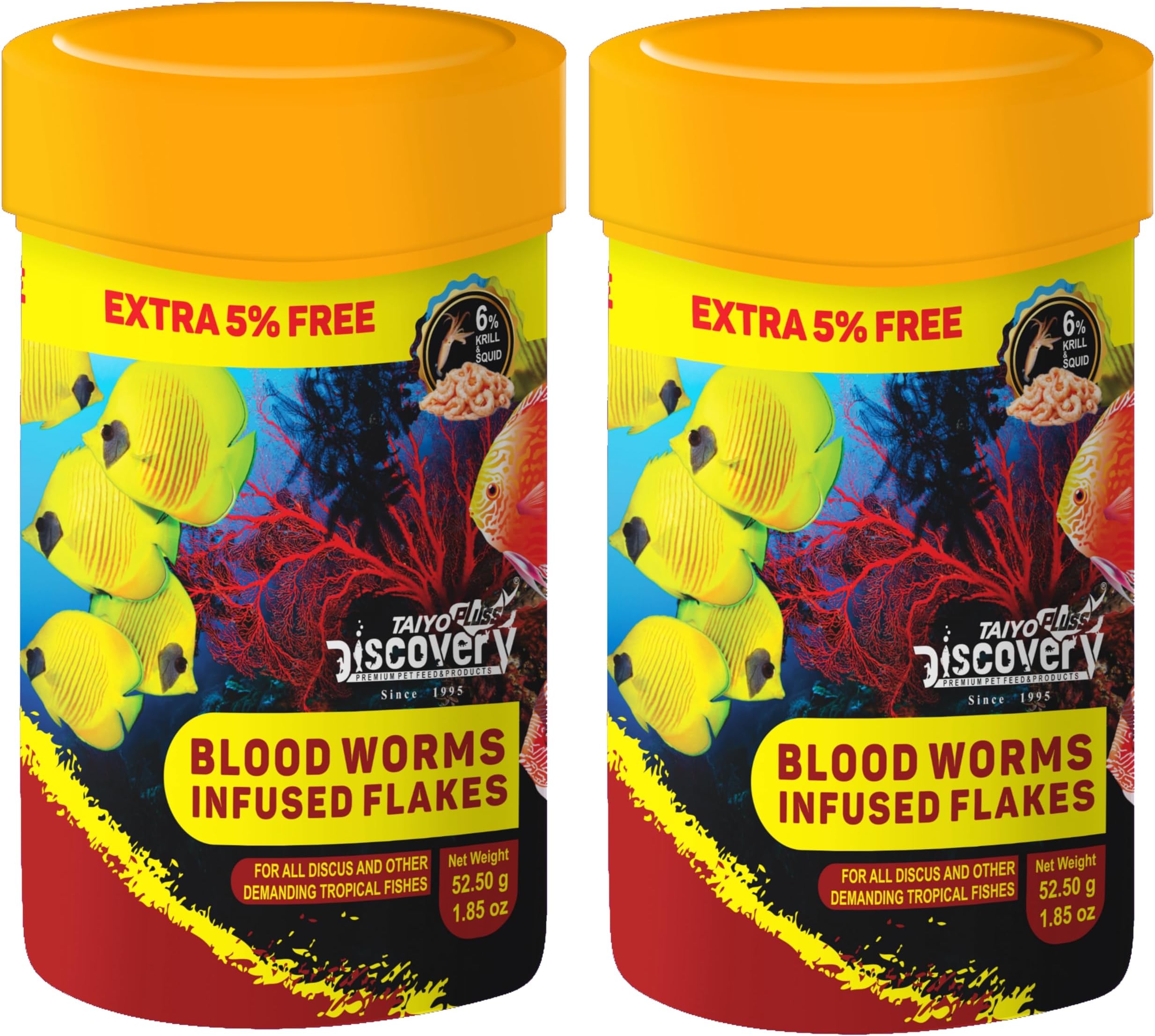 Taiyo Pluss Discovery Blood Worms Infused Flakes Fish Food - 52.5 g (50 g + Extra 5% Free) (Pack of 2) | Premium Slow Sinking Diet for Fishes with Krill & Squid for Active Growth & Coloration