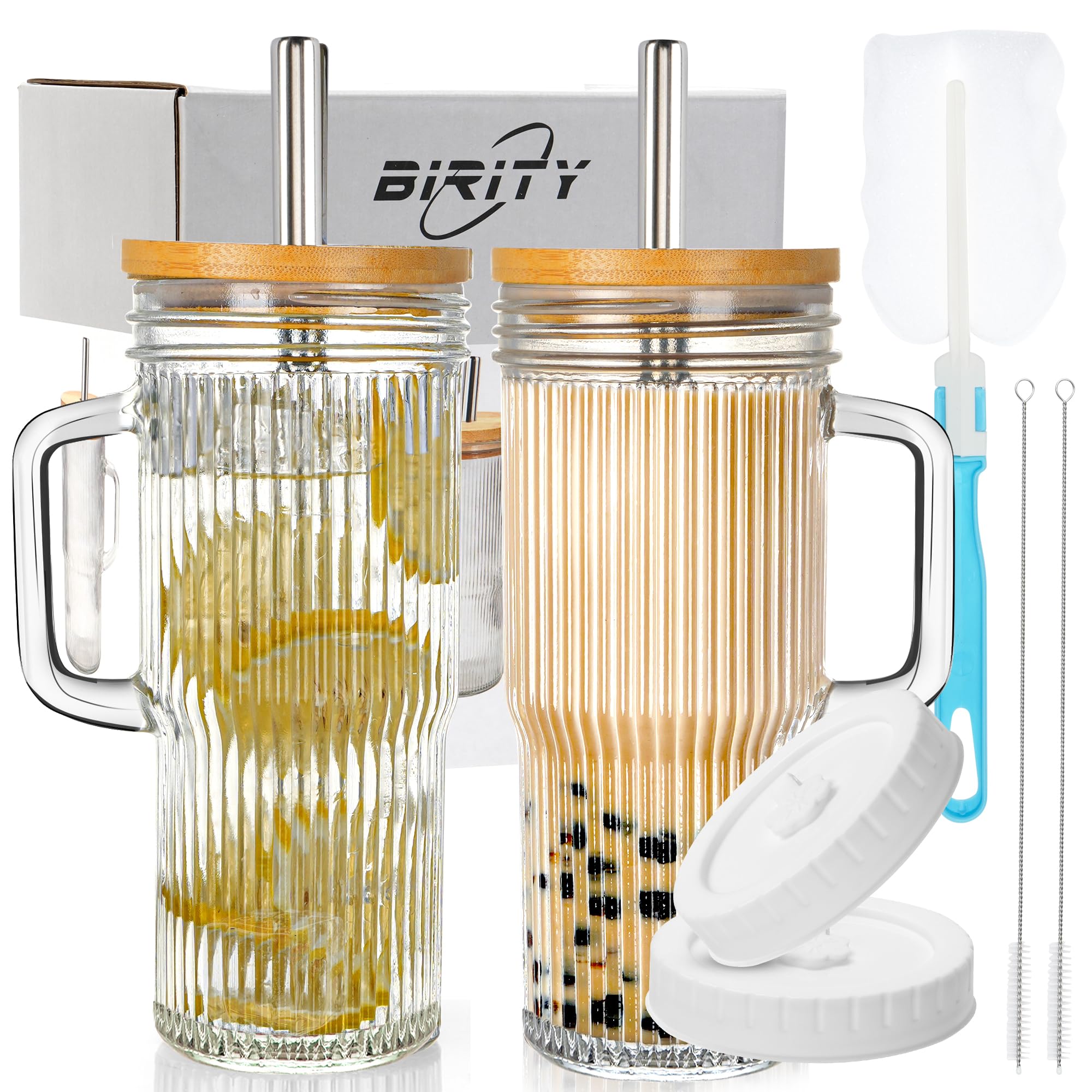 Photo 1 of ** SOLD AS IS, NO REFUND/RETURN** SEE COMMENTS!
Birity 24oz Ribbed Glass Cup with Lids and Straws,2Pack Glass Tumbler with Handle,Reusable lced Coffee Cups with lids-Glass Cups with Lids,Mason Jar Cup for Smoothie,Coffee,Juice,Water,Tea,Travel Mug
