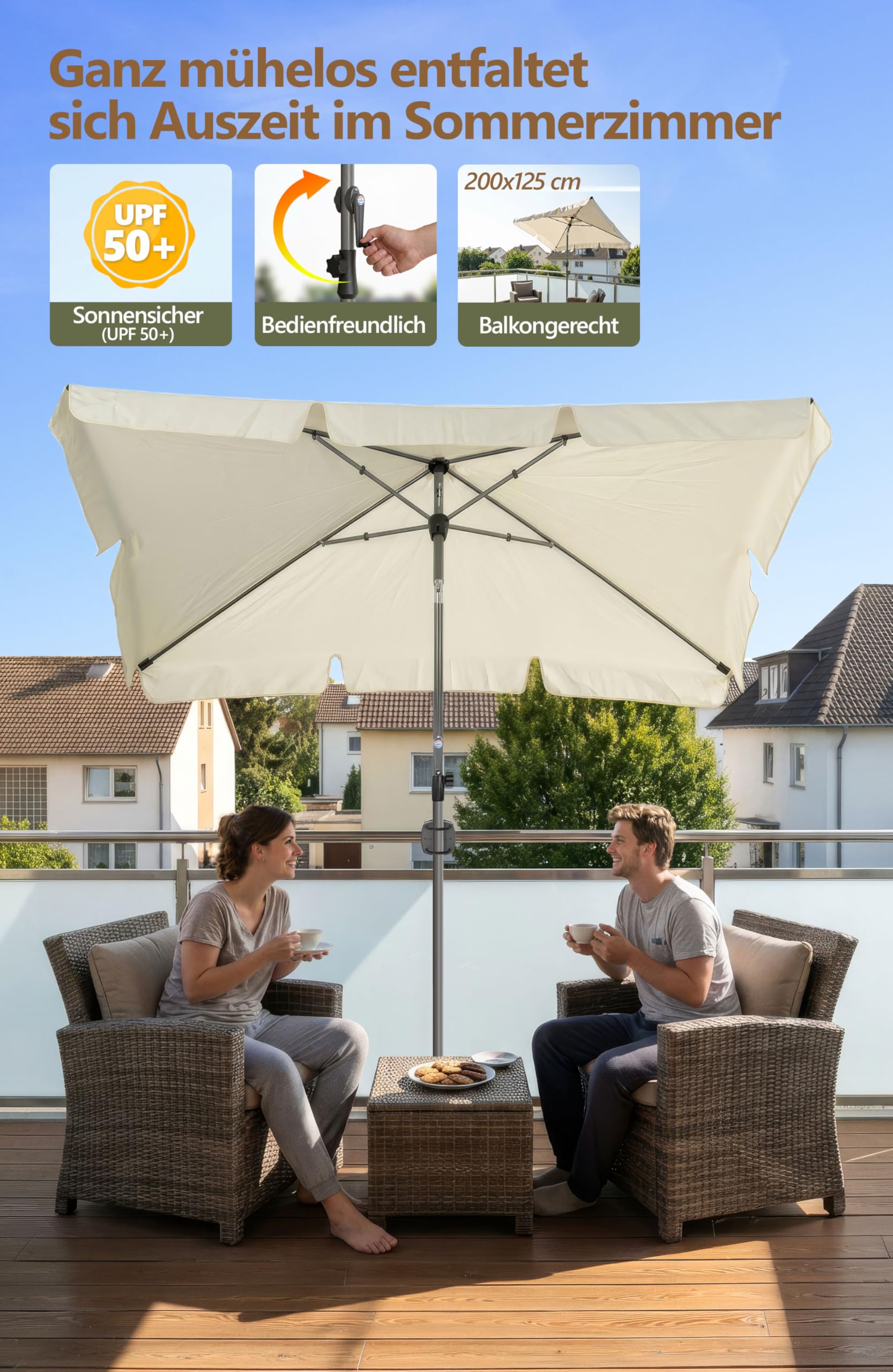 Menz SunnyShade Balkonschirm, mit Kurbel, Roma, mit Schutzhülle, Sonnenschirm Balkon 200x125 cm, Sonnenschirm rechteckig, UV 50+ Sonnenschutz Balkon, knickbar und höhenverstellbar, Beige
