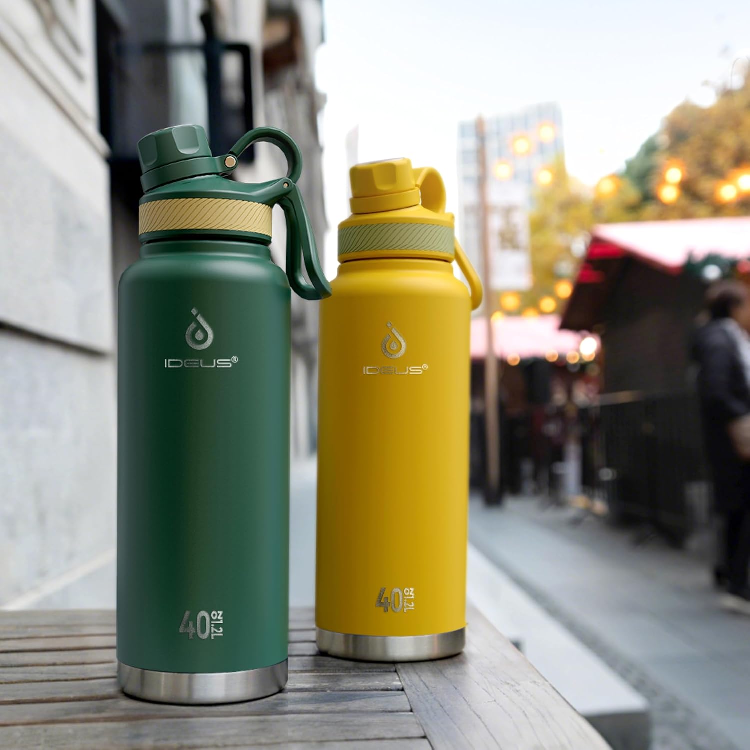 IDEUS Insulated Stainless Steel Water Bottle with 2 Leak-Proof Lids, Thermal Water Flask for Hiking Biking, 40oz, Bright Yellow - Image 9