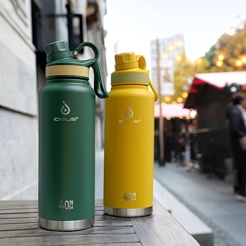 Miniatura 9 de IDEUS Botella de agua aislada de acero inoxidable con 2 tapas a prueba de fugas, termo para senderismo, ciclismo, 40 onzas, verde